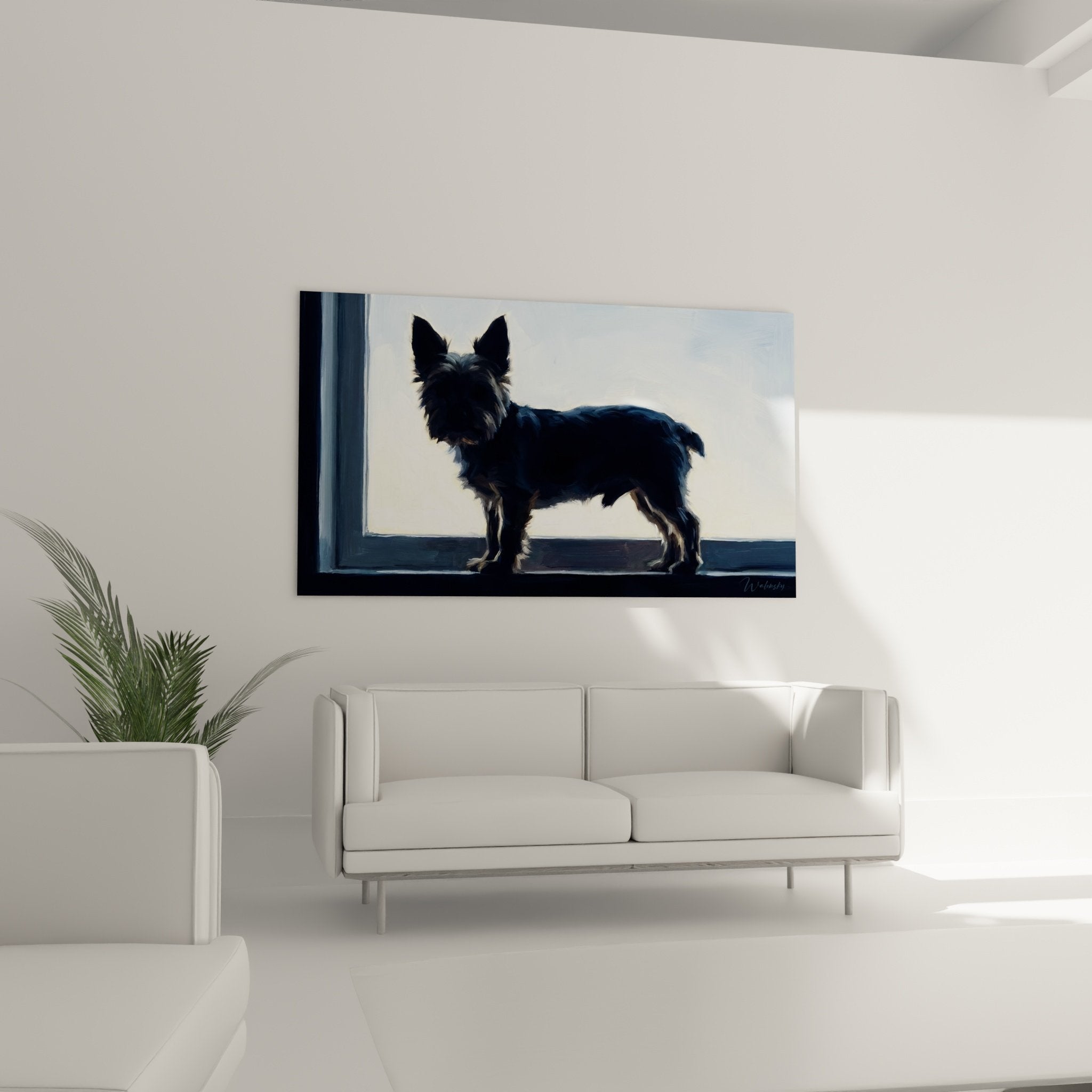 Detail Yorkshire Terrier pelage texture peinture tons bleus silhouette lumiere contre-jour fenetre