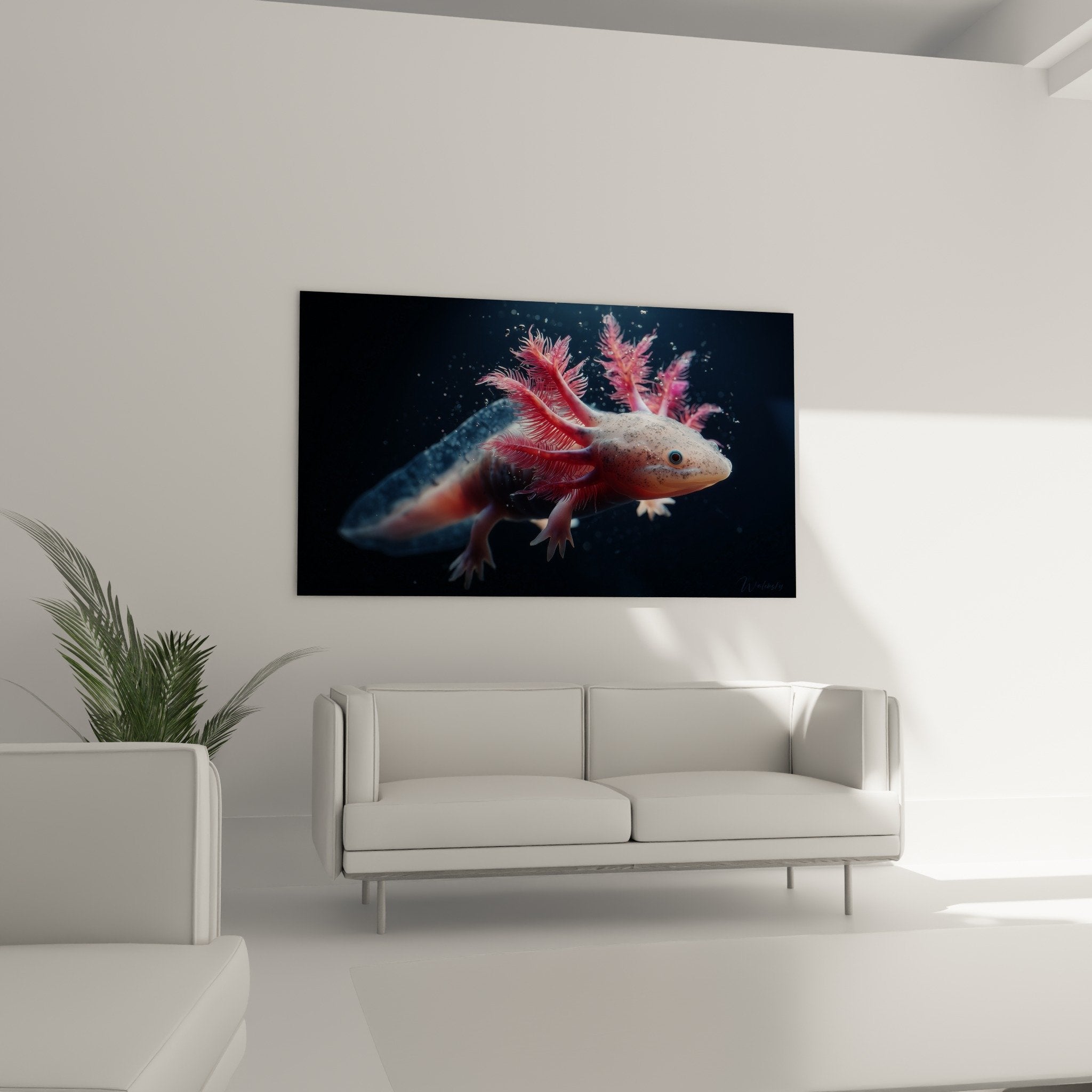 Gros plan details axolotl peau tachetee branchies corallines dans eau bleue profonde