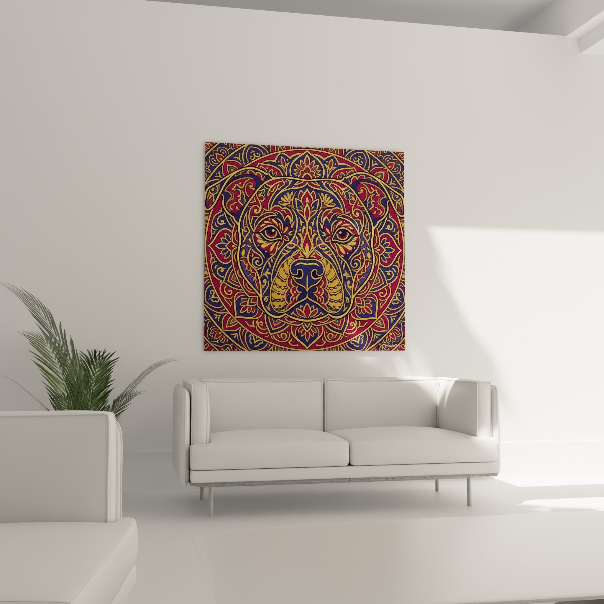 Nahaufnahme vergoldeter Ornamente mit Mandala-Mustern, Hundemotiven, orientalischer Kunst, Bordeaux- und Violetttönen, Spiralen