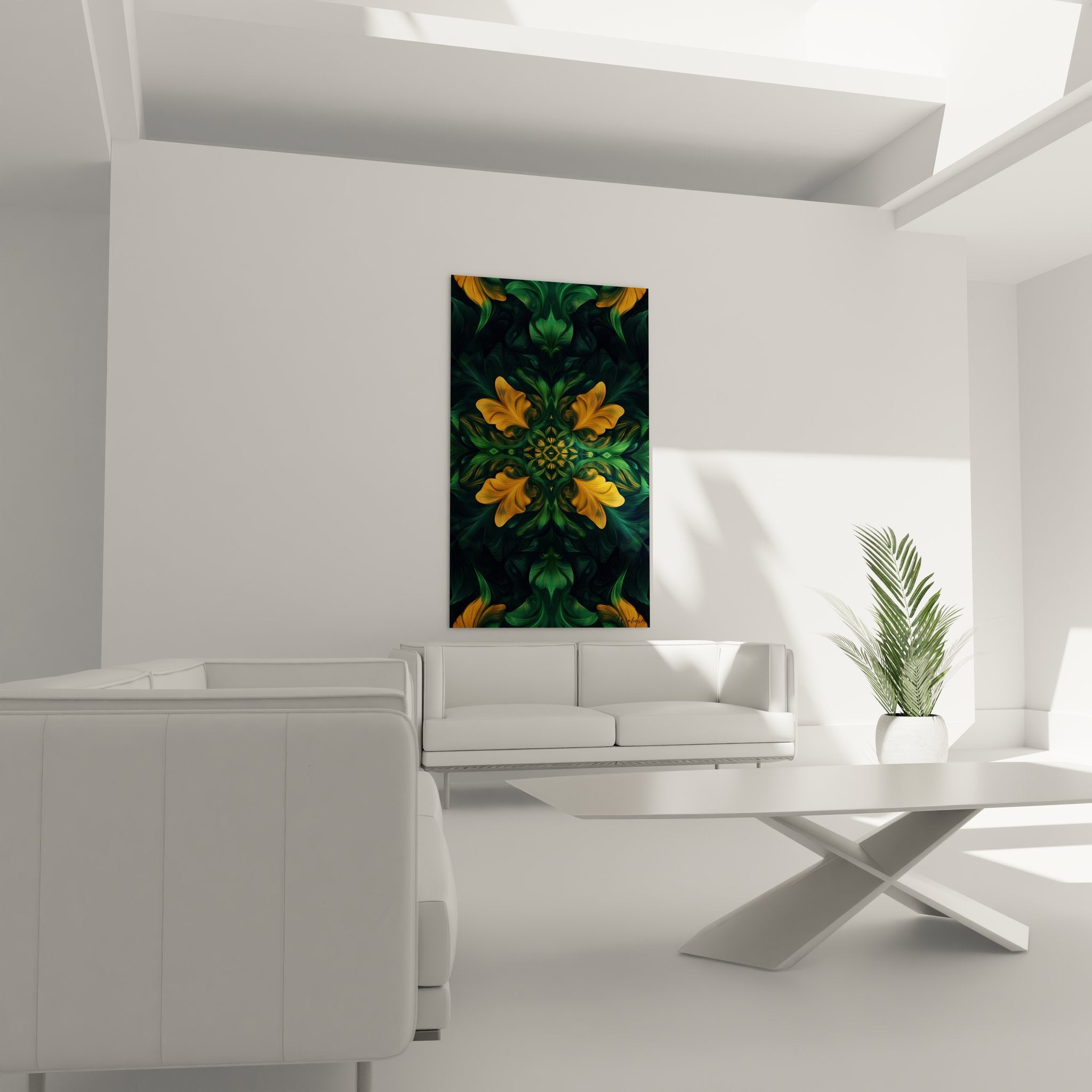 Gros plan détails pétales fractals dorés et verts art numérique