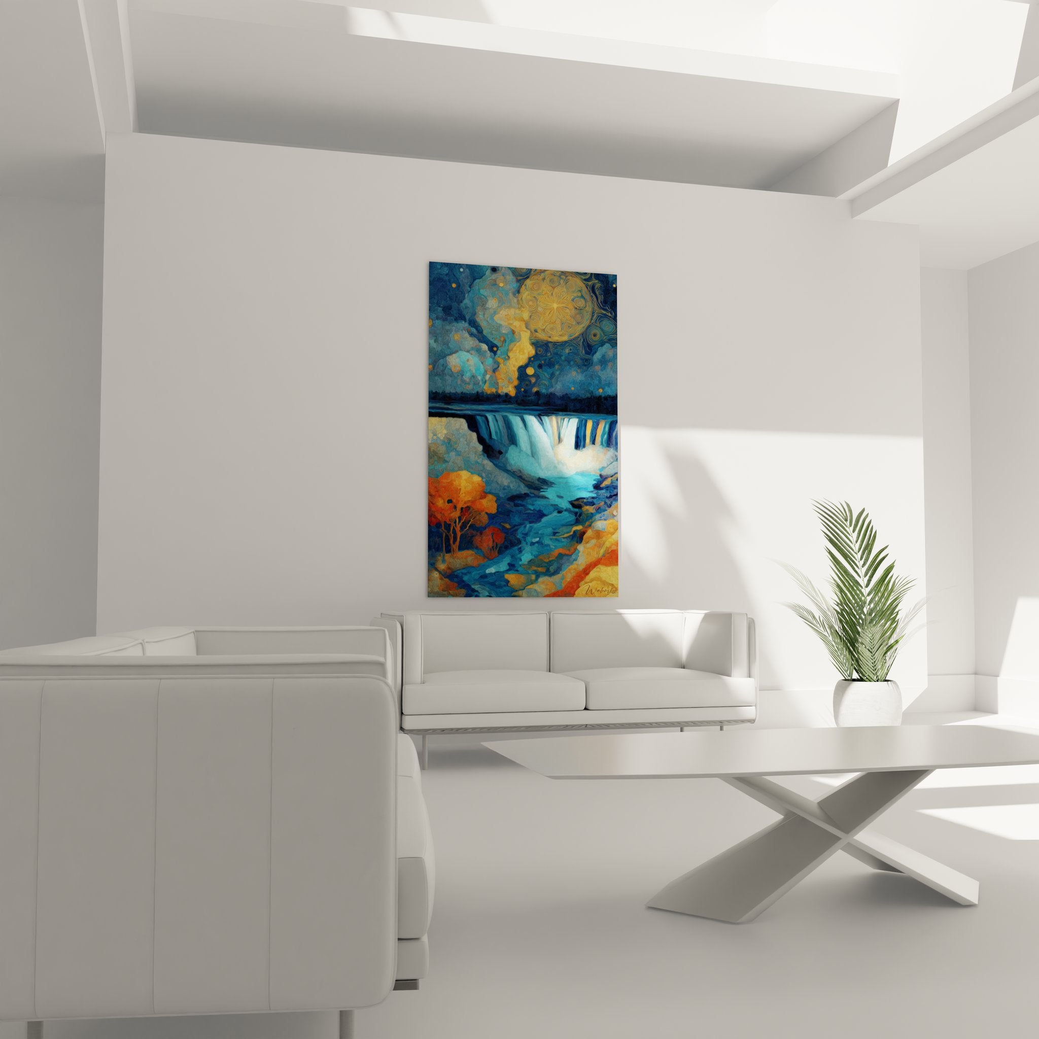 Gros plan détails tableau cascade stylisée motifs spirales dorées et textures artistiques contemporaines