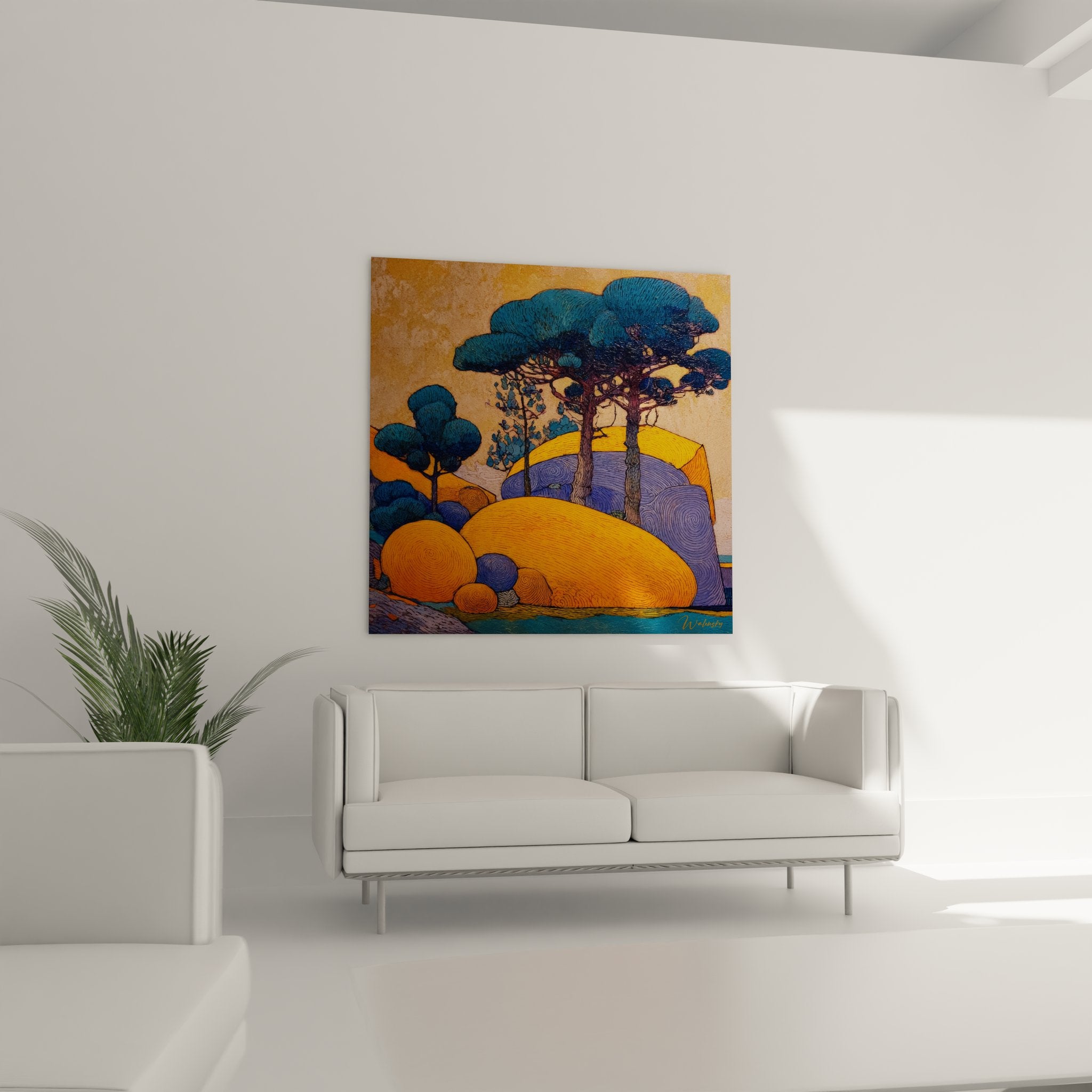 Gros plan détails tableau paysage pins parasols motifs circulaires collines stylisées art contemporain