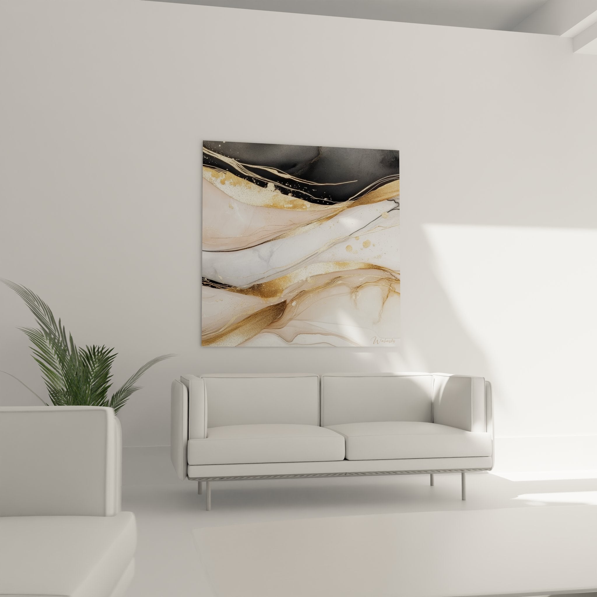 Gros plan détails texture marbrée dorée paillettes métalliques tableau abstrait