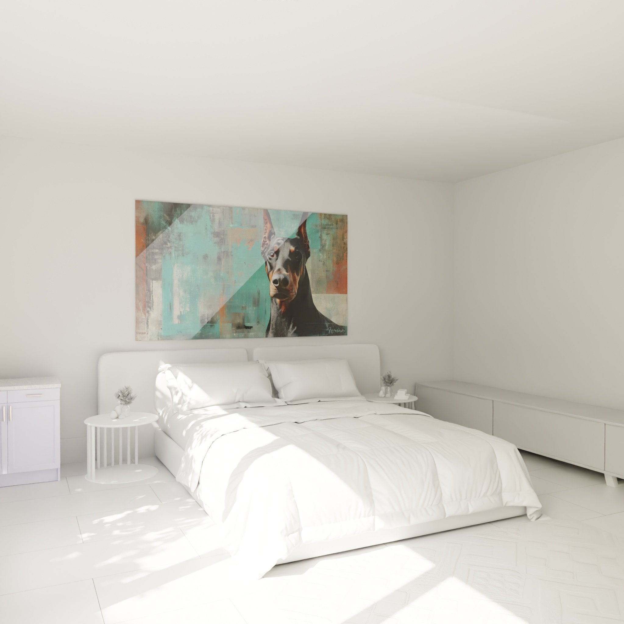 Quadro Doberman in camera moderna, decorazione murale sopra il letto, ambiente contemporaneo rilassante