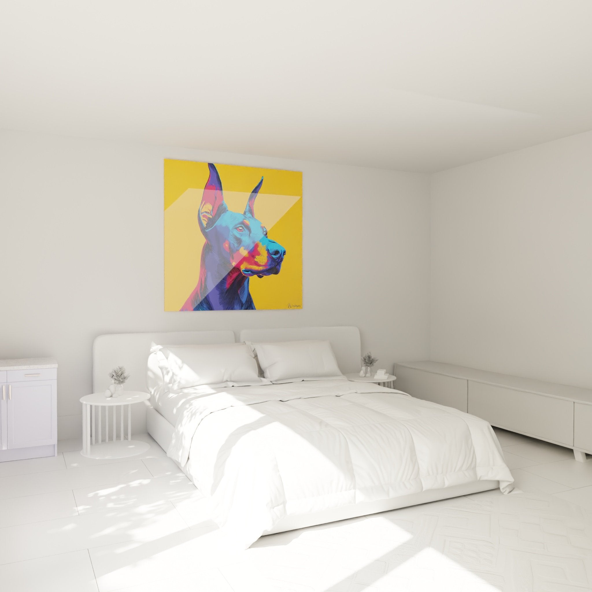 Porträt Dobermann lebendige Farben Blau Rosa Orange modernes Schlafzimmer zeitgenössische Wanddekoration