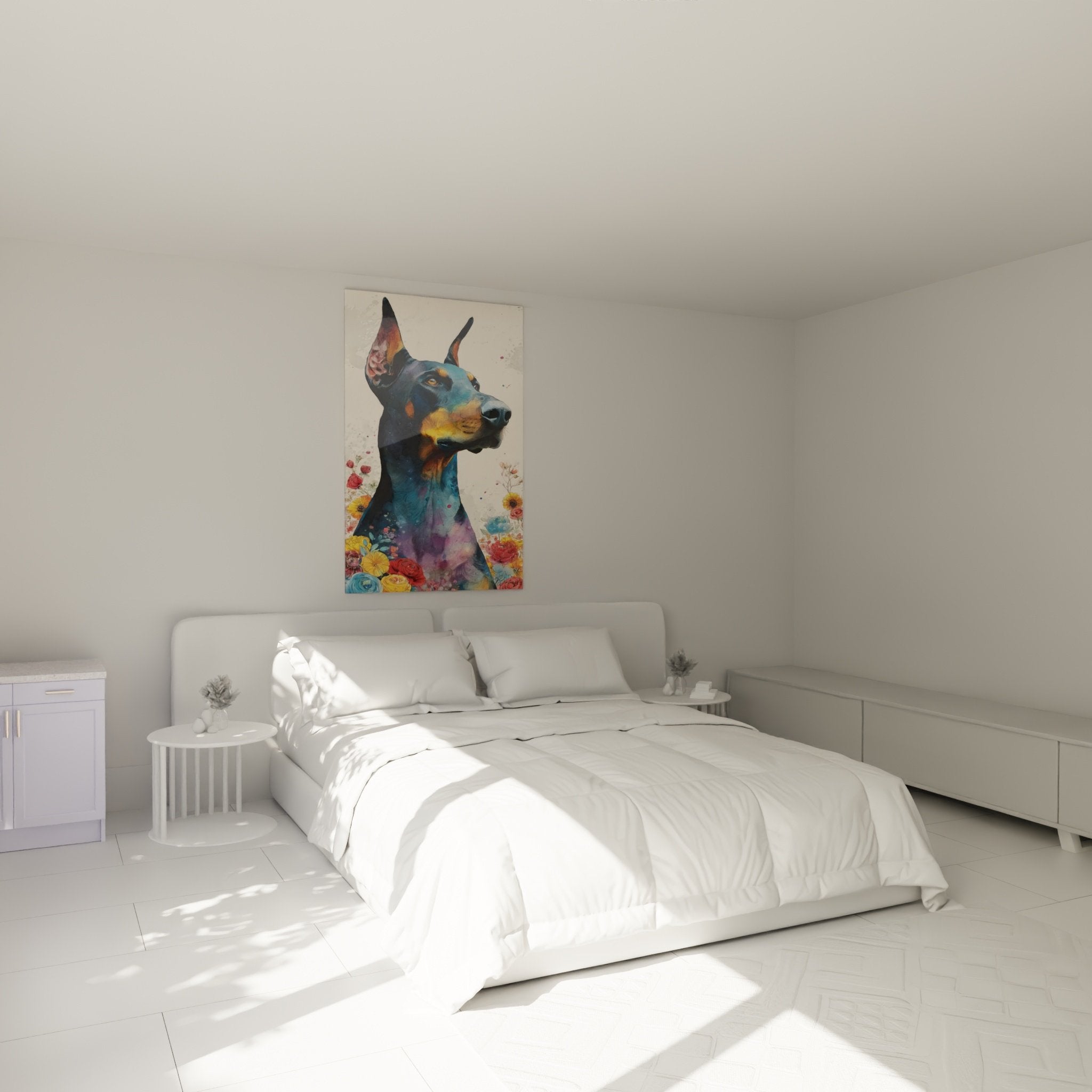 Doberman Aquarell Blau und Blüten Wandbild in modernem Schlafzimmer aufgehängt