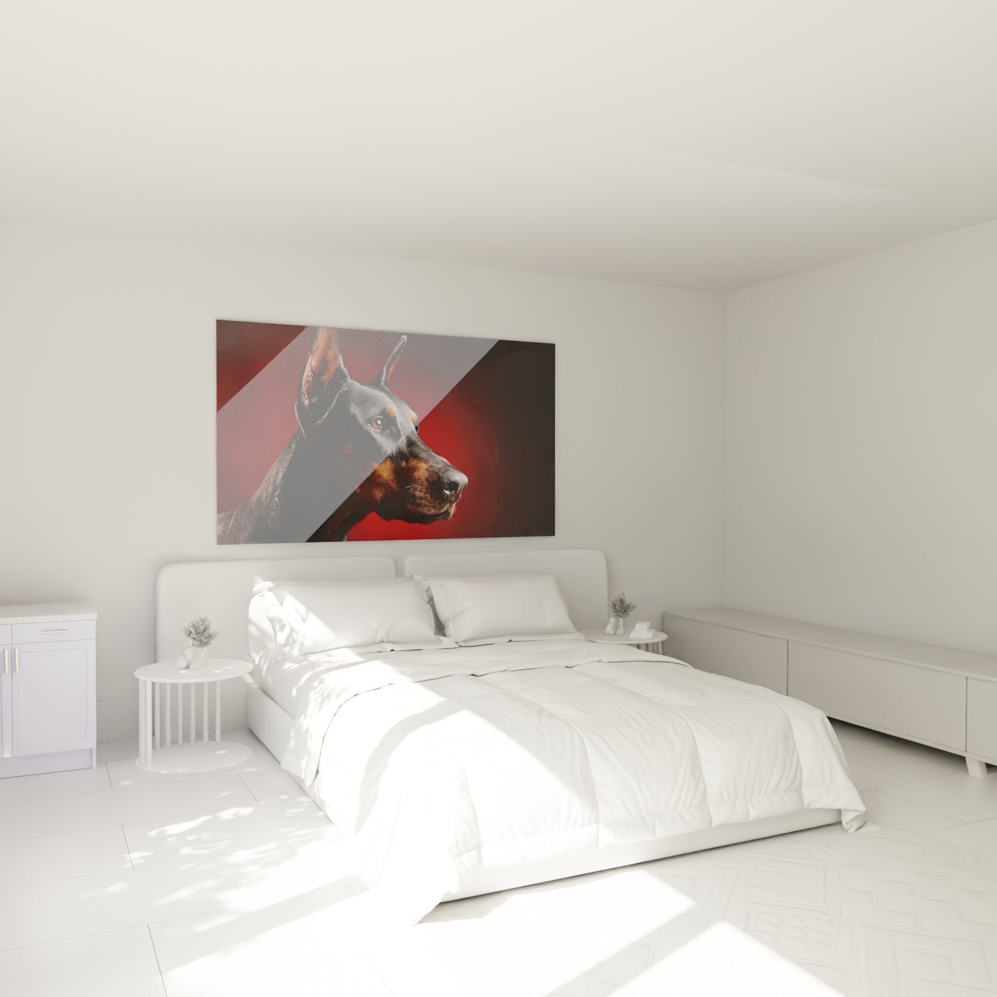 doberman painting bedroom wall decoration dog portrait black red contemporary animal art ambiance