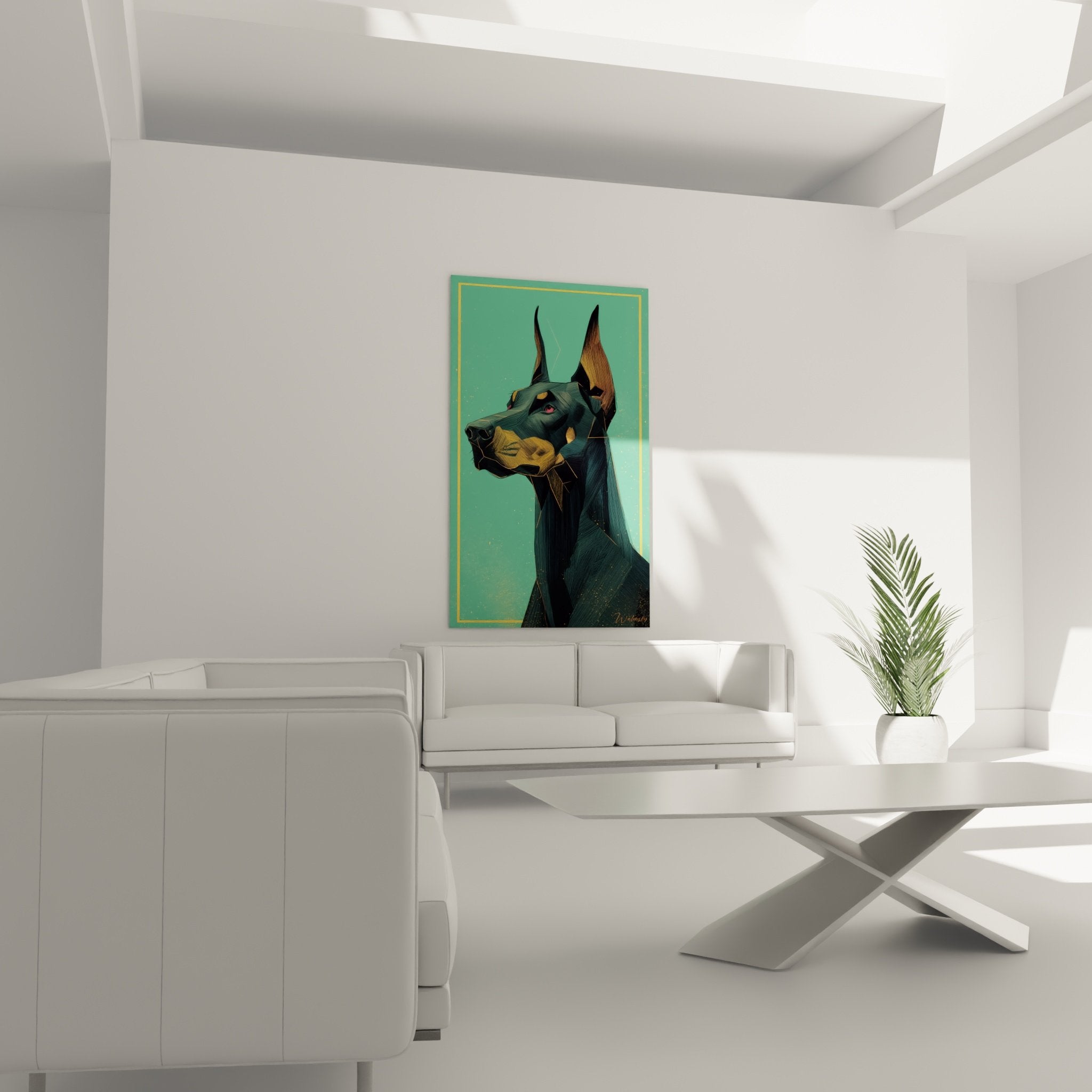 Gros plan portrait doberman facettes geometriques vert turquoise details artistiques