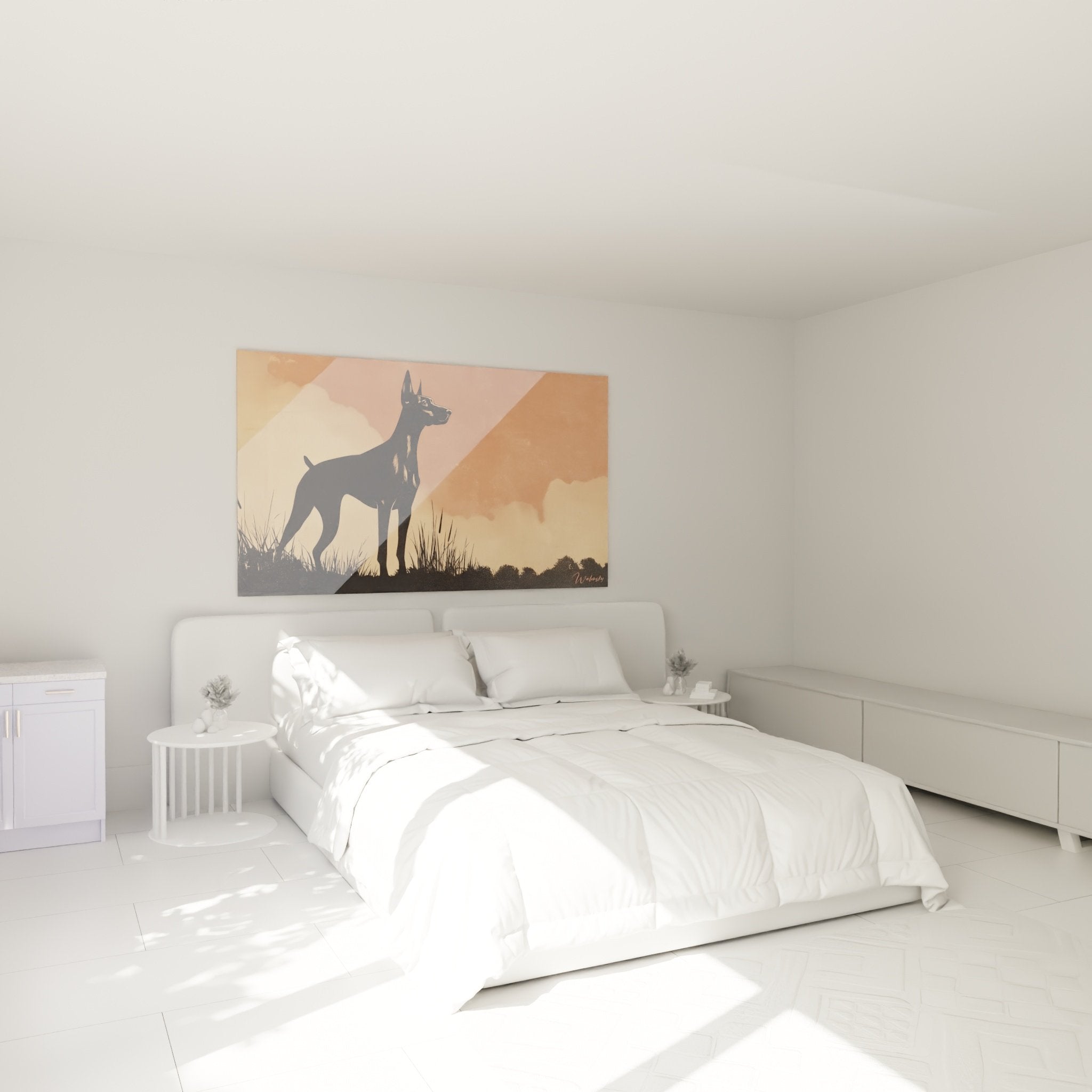 Tableau Doberman silhouette dans chambre decoration murale art canin coucher soleil ambiance chaleureuse