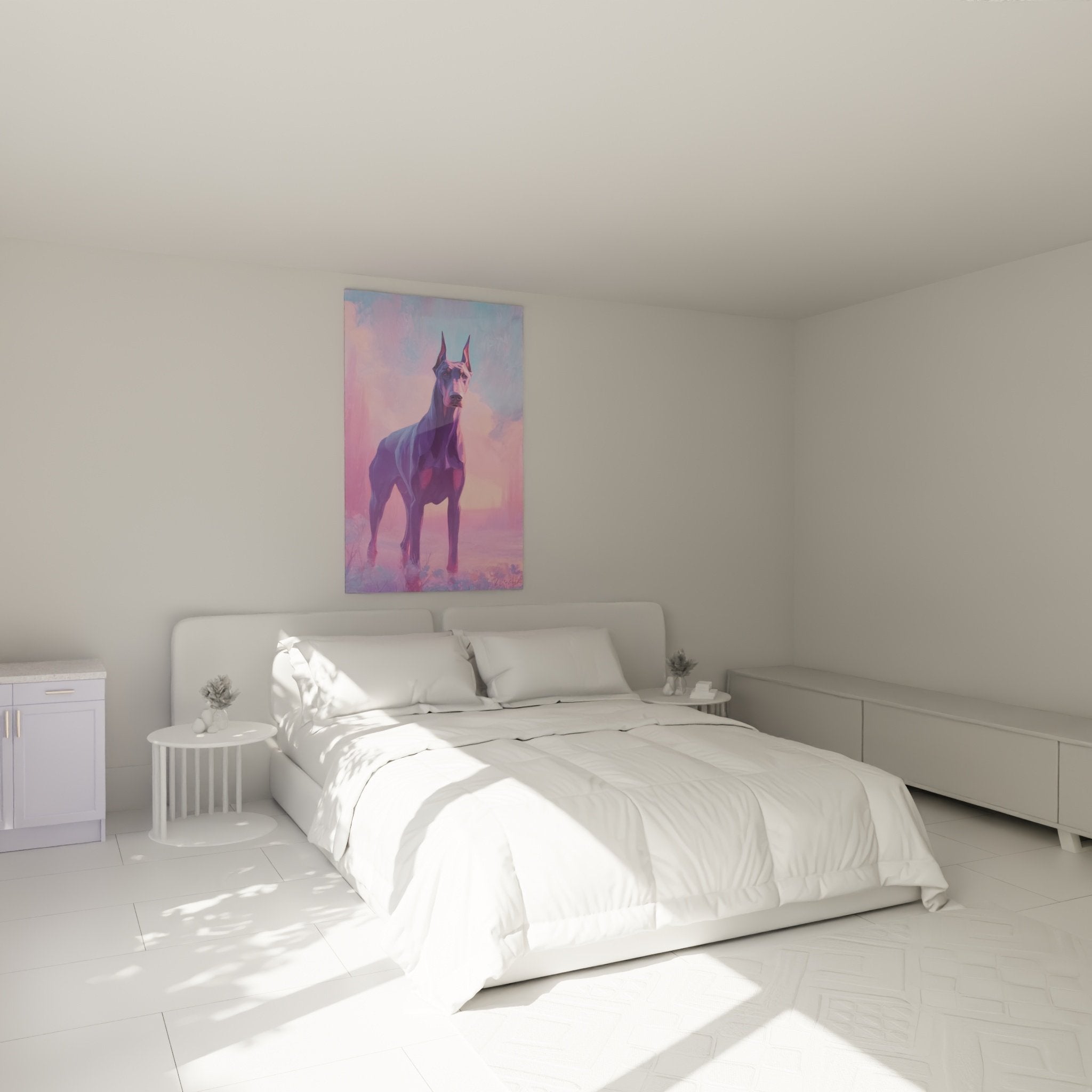 Portrait de Doberman violet et rose accroché dans chambre moderne, décoration murale contemporaine élégante