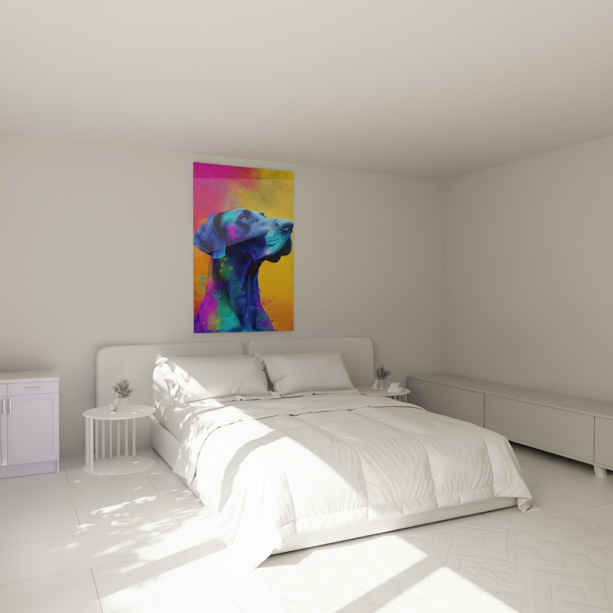 Deutsche Dogge Kunstdruck in Blau- und Rosatönen im modernen Schlafzimmer mit weißen Wänden und zeitgenössischer Dekoration