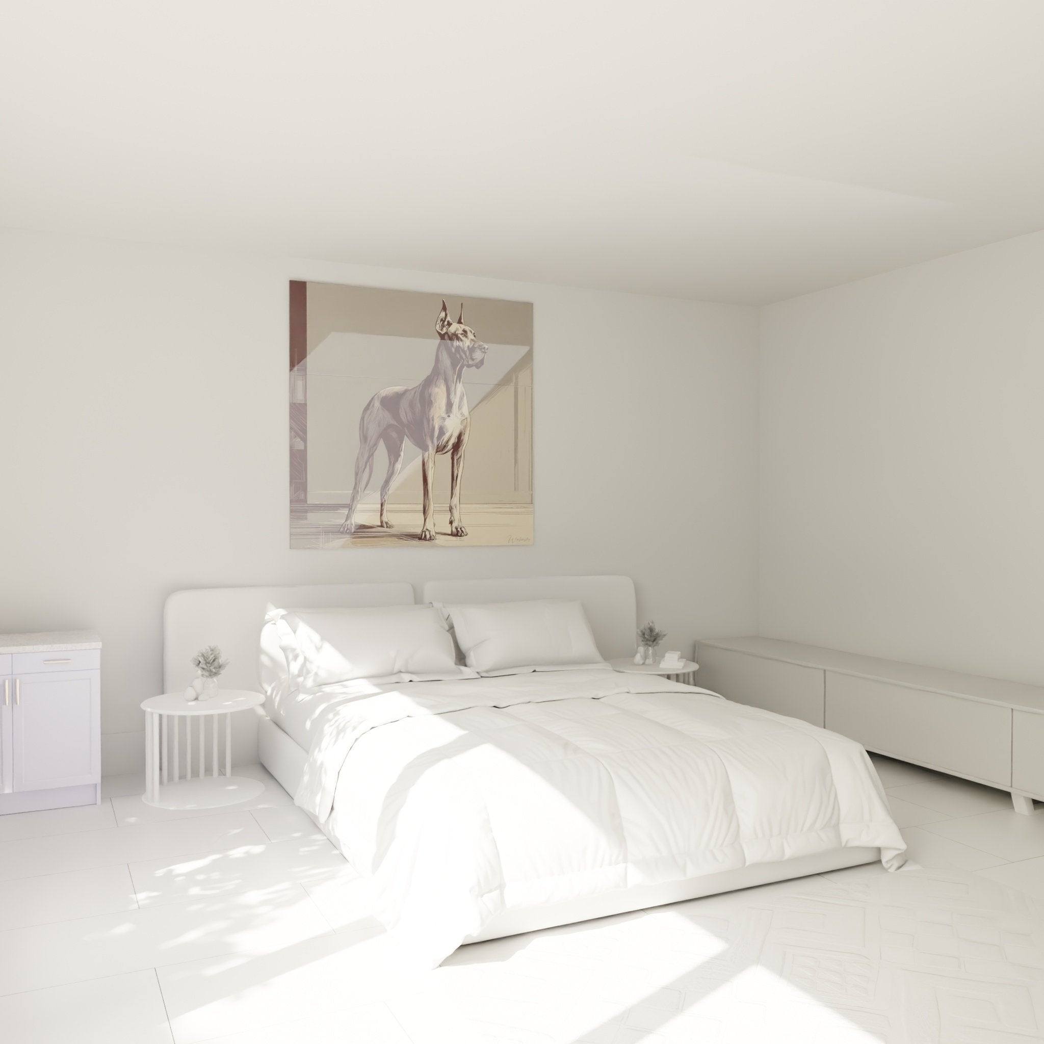 Deutsche Dogge Gemälde in Schwarz und Beige dekoriert ein modernes Schlafzimmer in neutralen und warmen Tönen