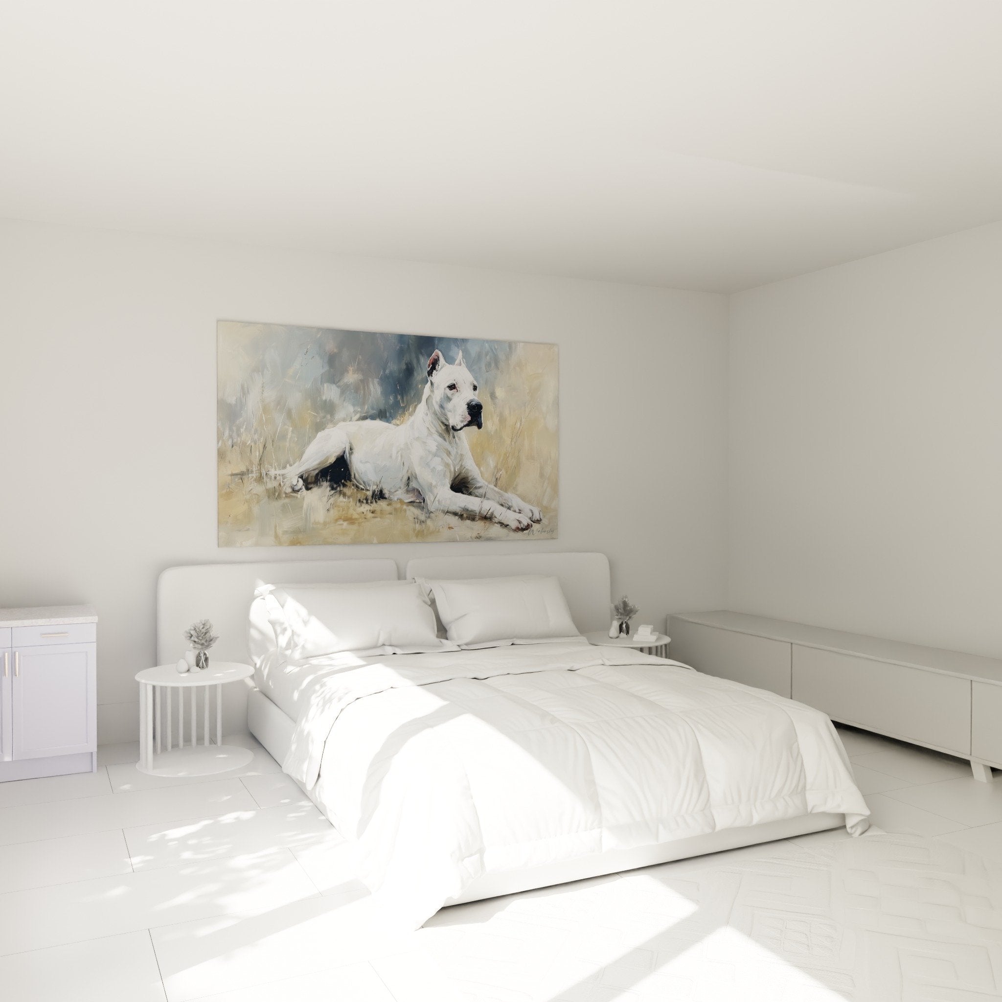 Dogue Argentin blanc toile artistique decoration chambre ambiance apaisante tons neutres beiges