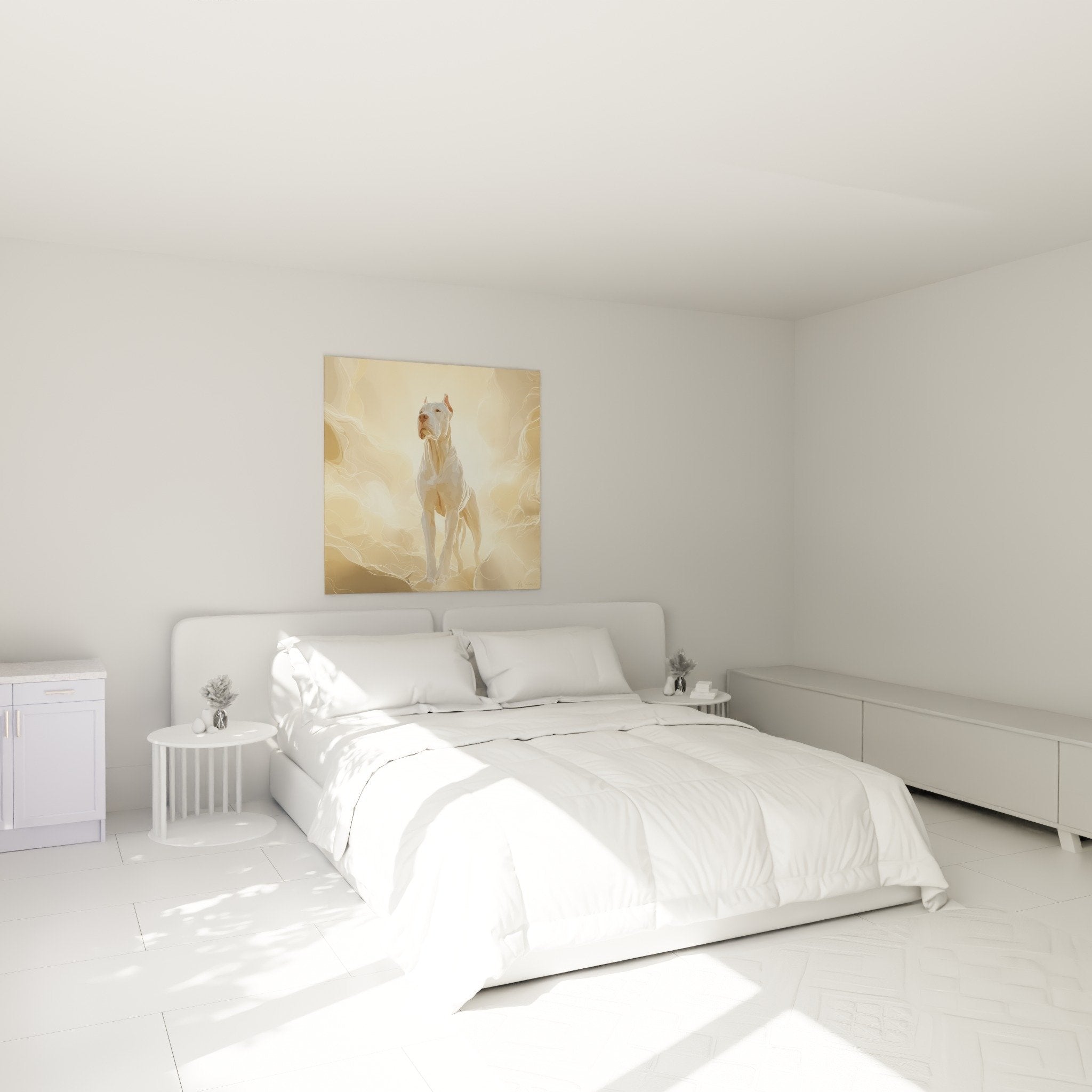 Dogue Argentin lumineux nuages dorés décorant chambre murs clairs mobilier moderne