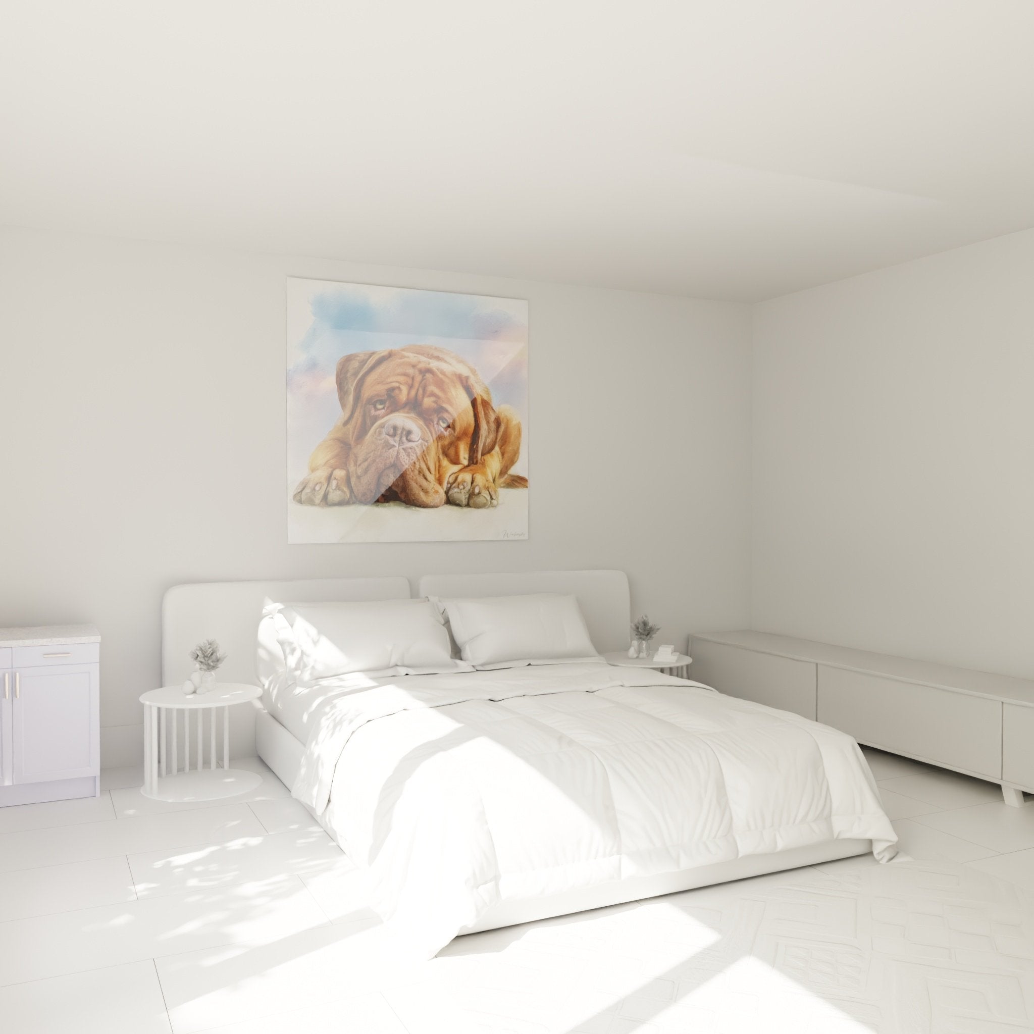 Tableau dogue de bordeaux aquarelle dans chambre decoration murale tons chauds oranges ambiance cosy