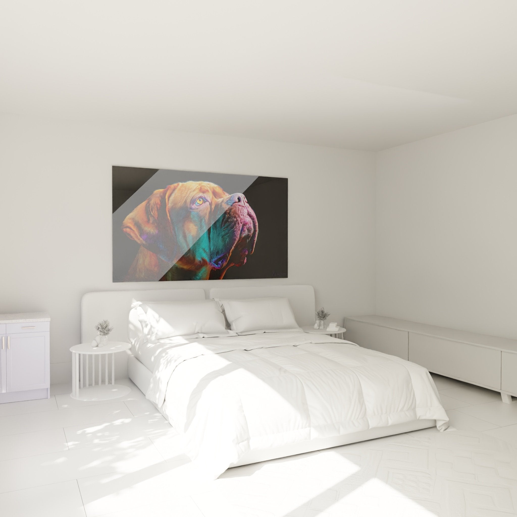 Tableau Dogue de Bordeaux couleurs vives accroché chambre moderne décoration murale contemporaine