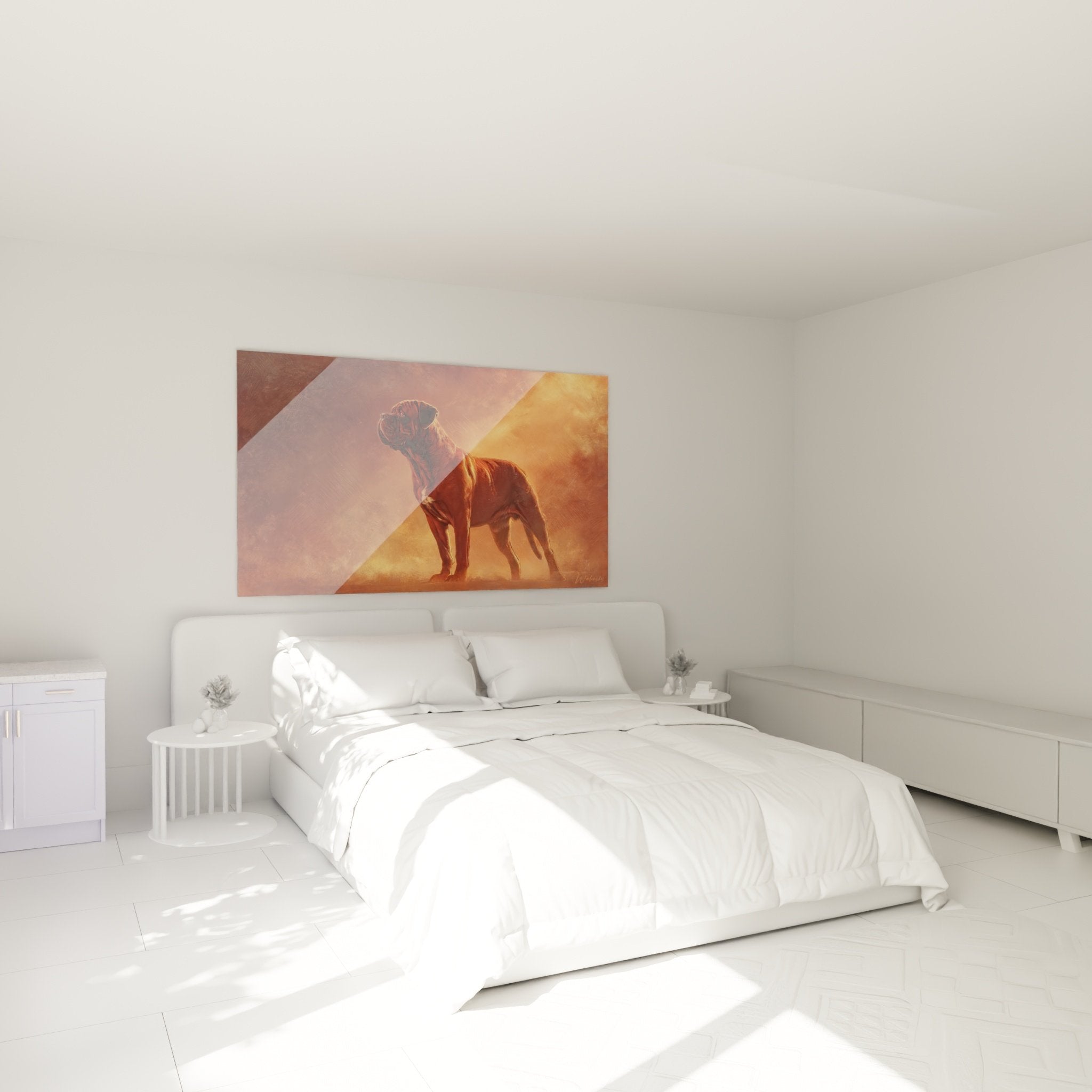 Leuchtende Bordeaux-Dogge Wanddekoration Schlafzimmer warme Kupfertöne beruhigende Atmosphäre