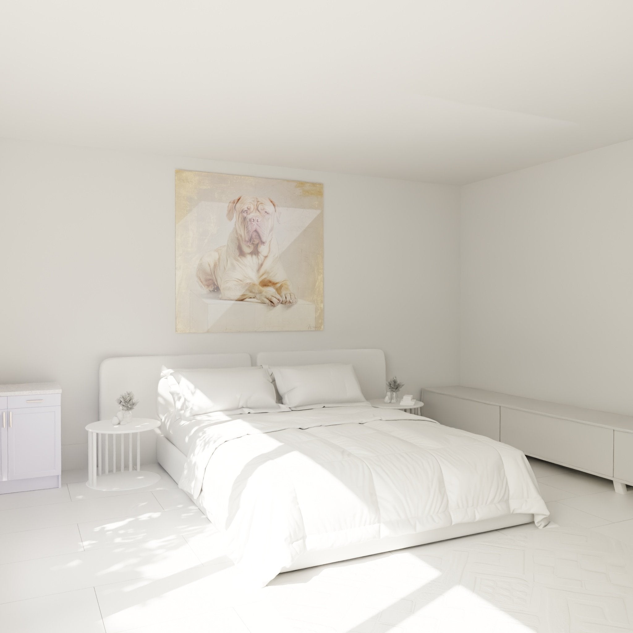 Bordeaux-Doggen-Gemälde beige gold im Schlafzimmer warme Atmosphäre Wanddekoration Hund