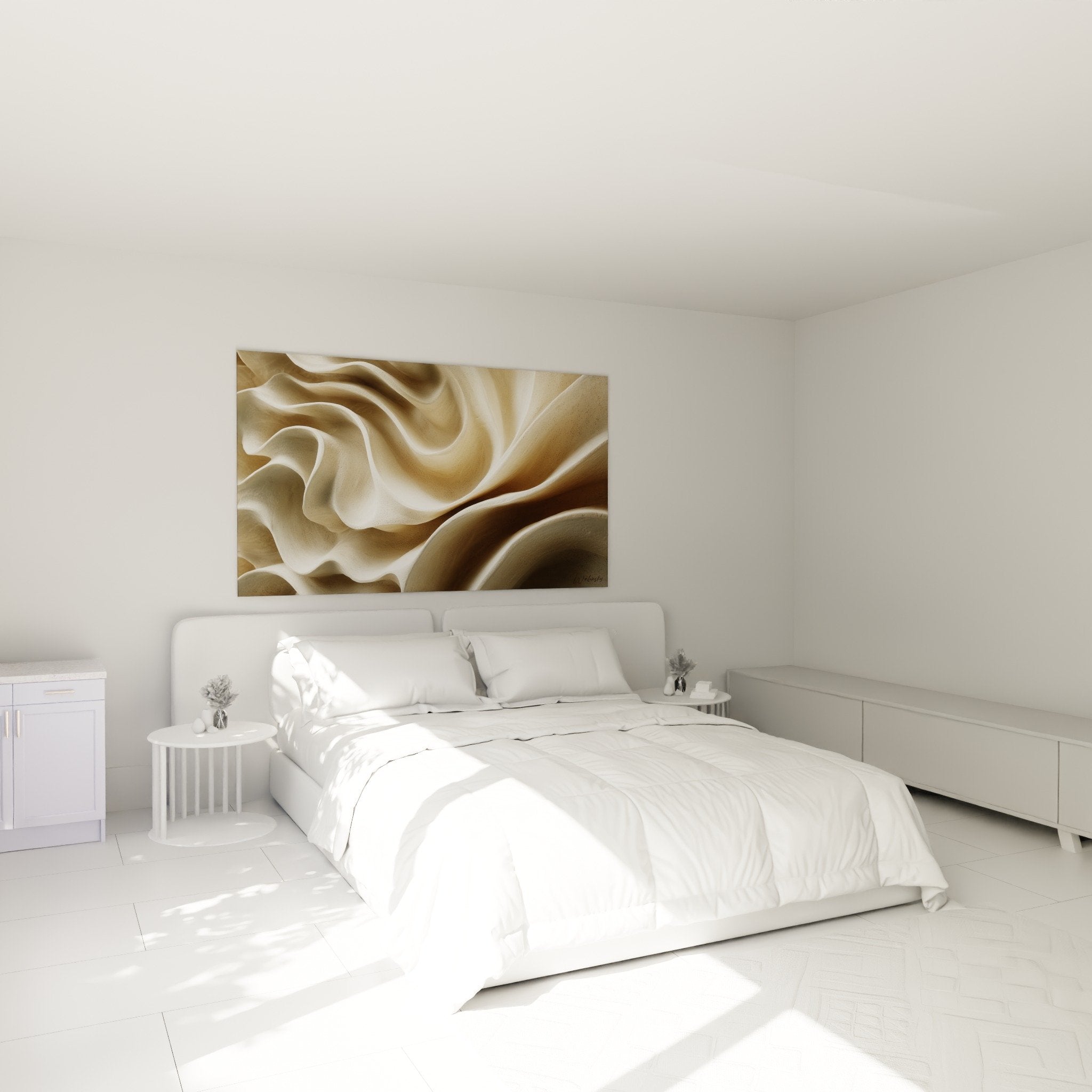 Drapé beige ondulé dans chambre moderne, ambiance zen et apaisante, tons crème poudrés feng shui centre terre