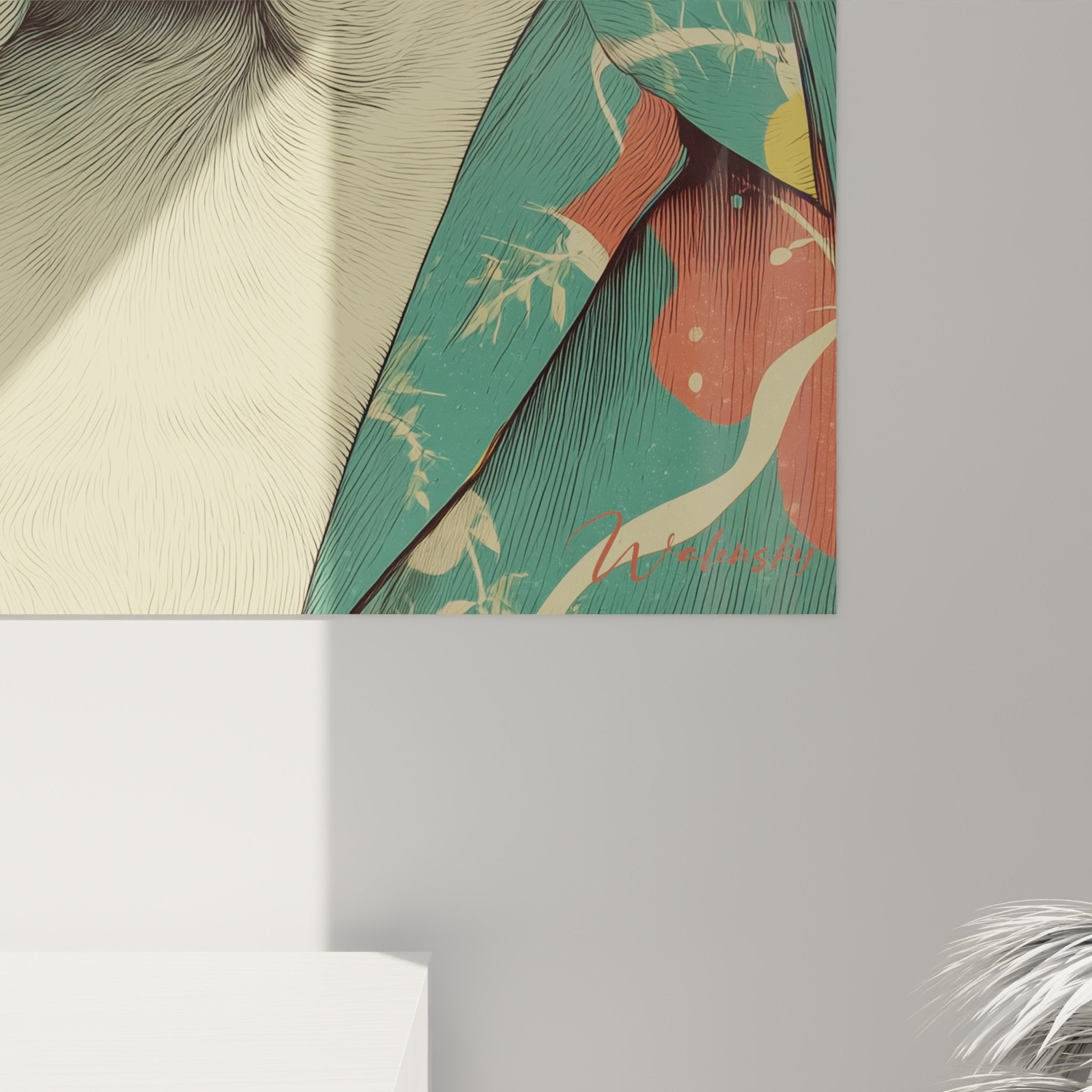 Vue ensemble tableau bouledogue lunettes style rétro tropical couleurs orange turquoise déco murale