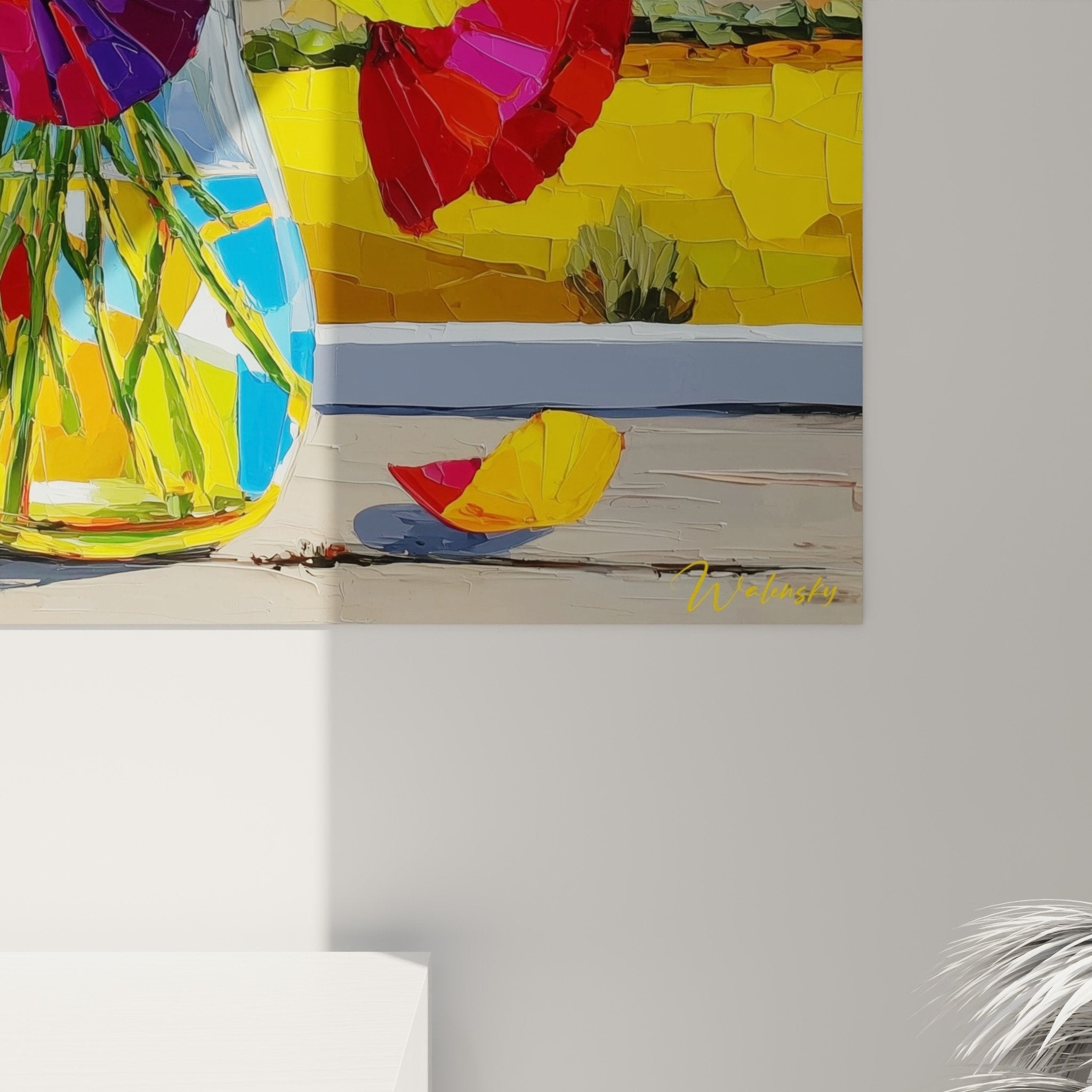 Overview of floral bouquet painting with poppies crystal vase window Mediterranean landscape blue