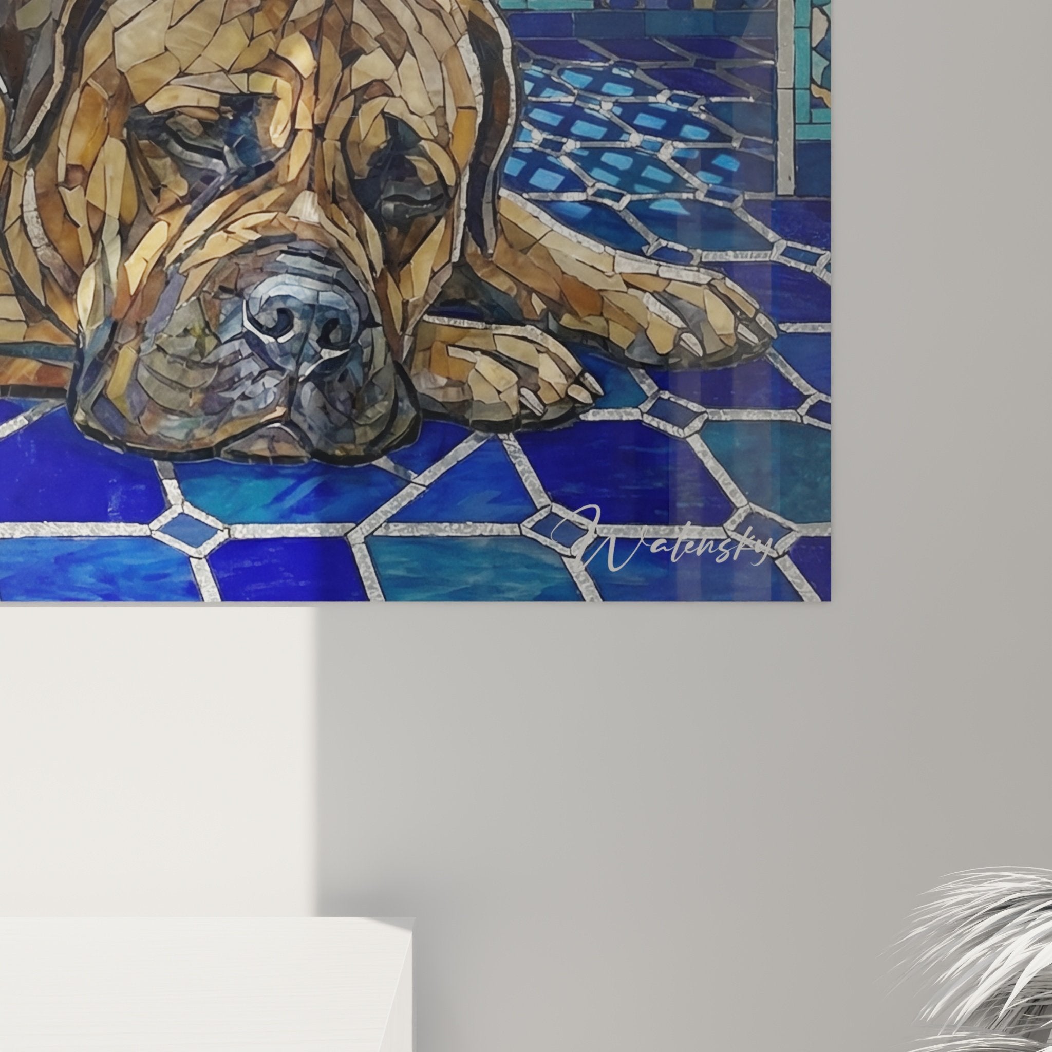 Vue ensemble tableau Bullmastiff oriental mosaïque bleue, architecture mauresque grenades, art décoratif canin