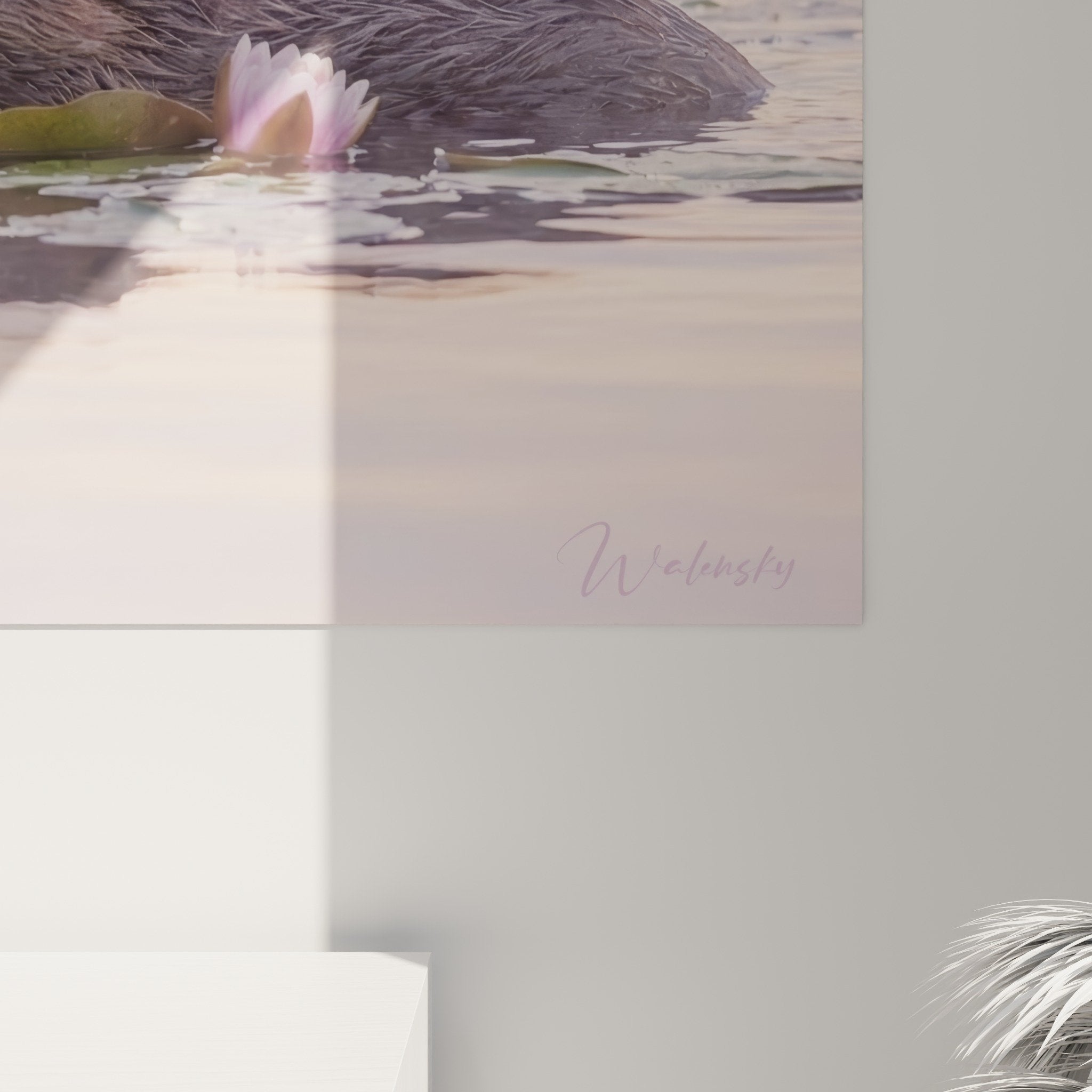 Beaver and pink water lilies wall art living room cozy nature decor soft pastel tones harmonious