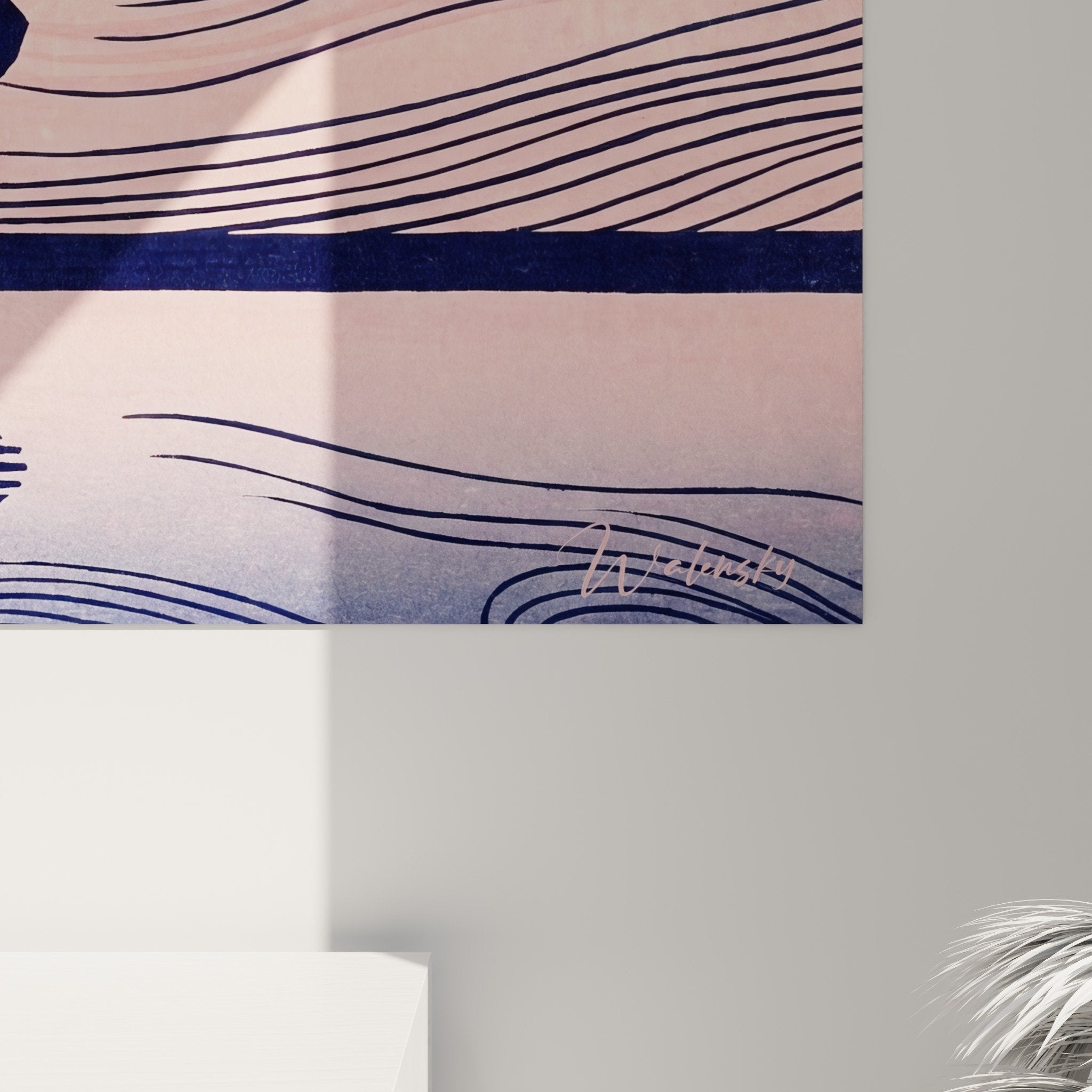 Gesamtansicht Biber-Kunstdruck Wohnzimmer Wanddekoration Zen-Stil organische Linien Rose Blau