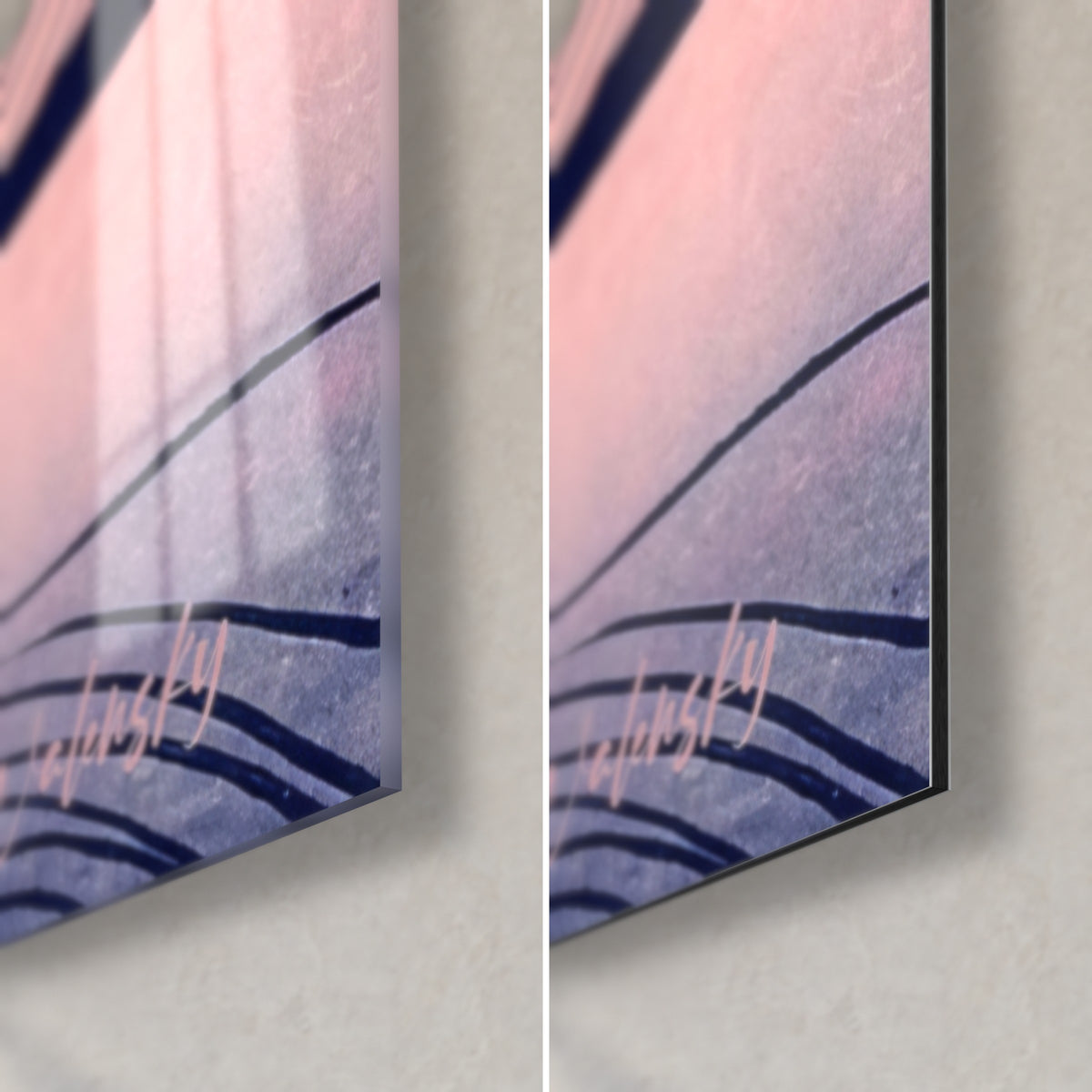 Schilderij beversilhouet, rechtsonder: glanzend acrylglas dat blauw en roze weerspiegelt, mat Dibond-aluminium, rand van 3 mm