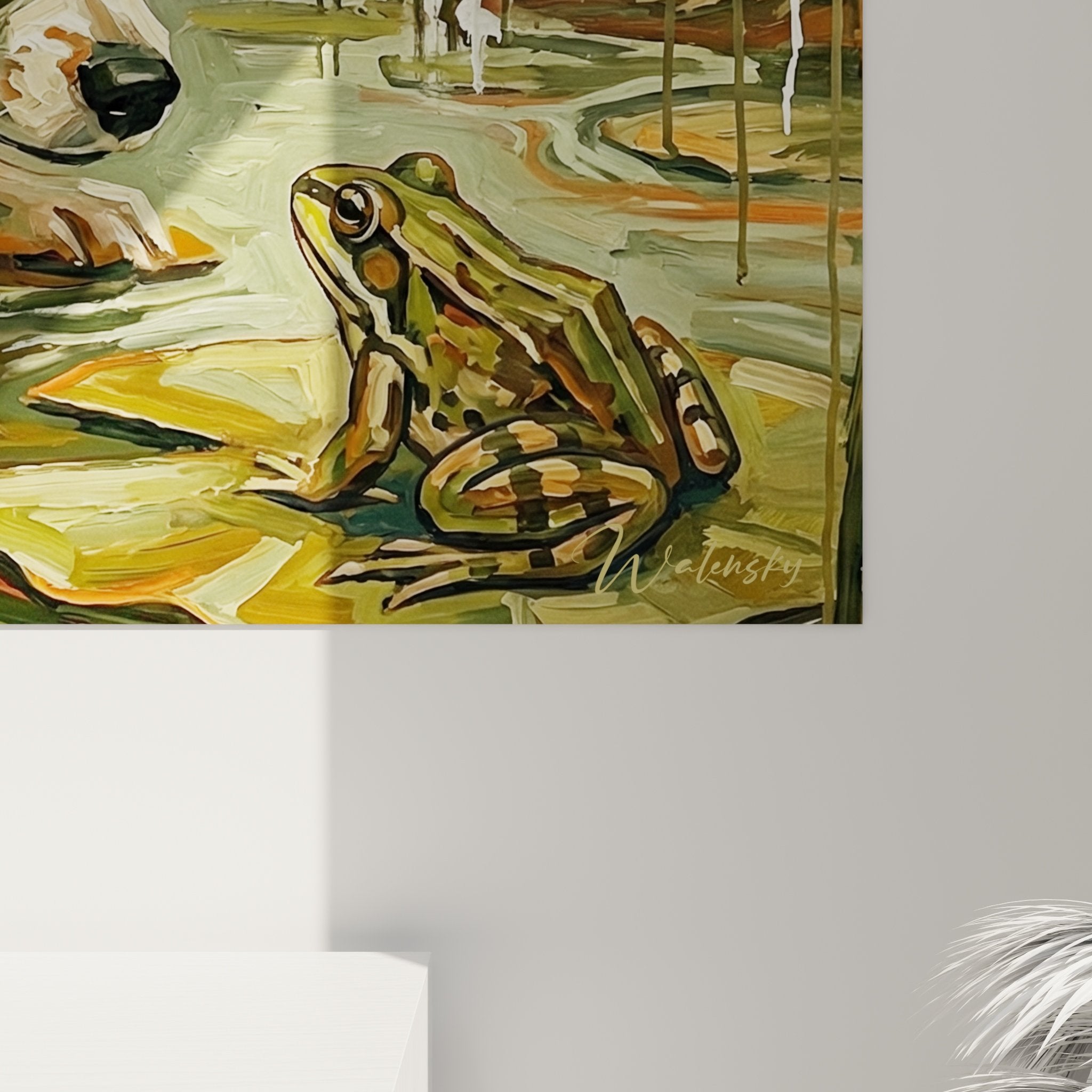 Vue d ensemble tableau chien papillon marécage avec palette de couleurs roux vert et or dans salon