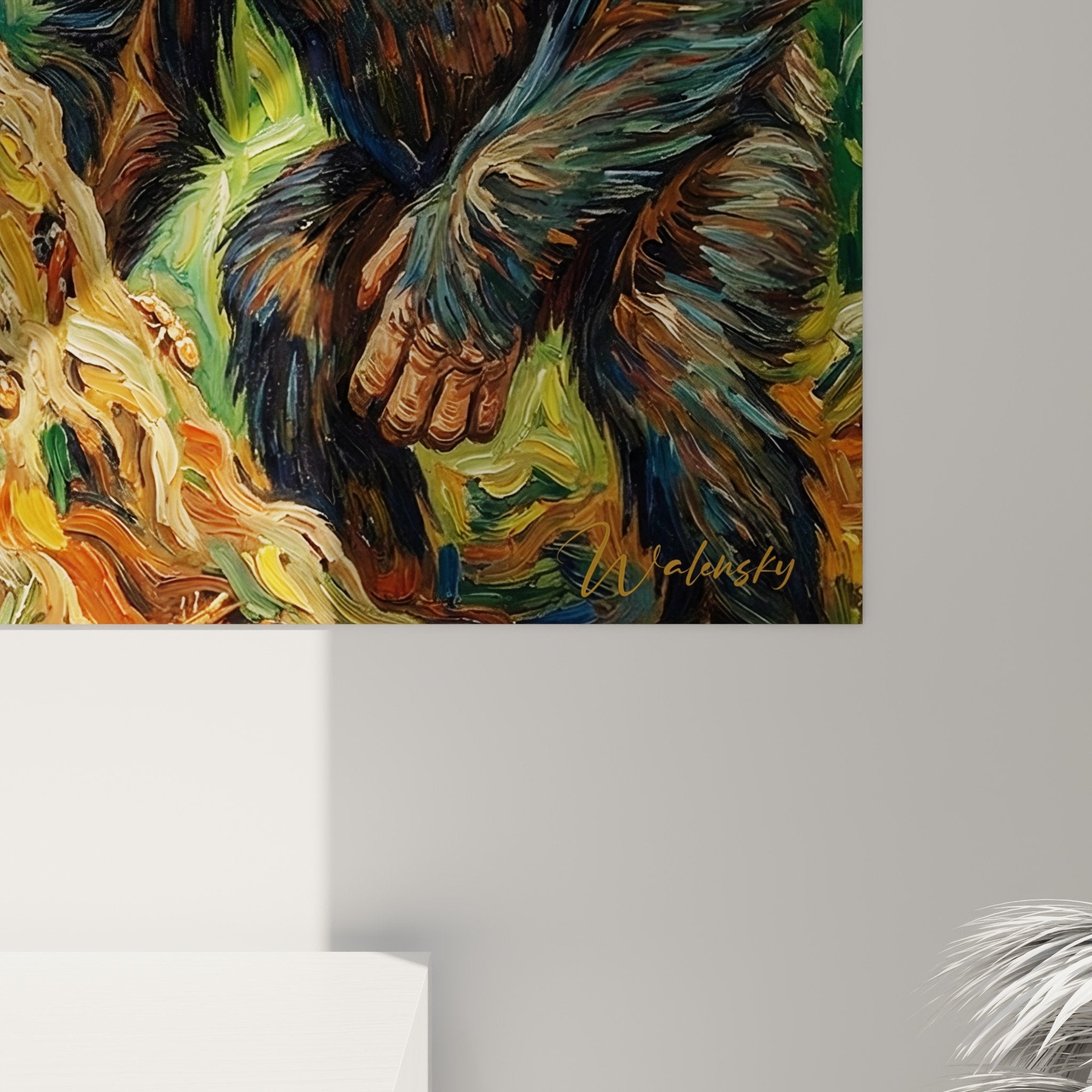 Full view painting chimpanzees family interaction tenderness green tropical vegetation