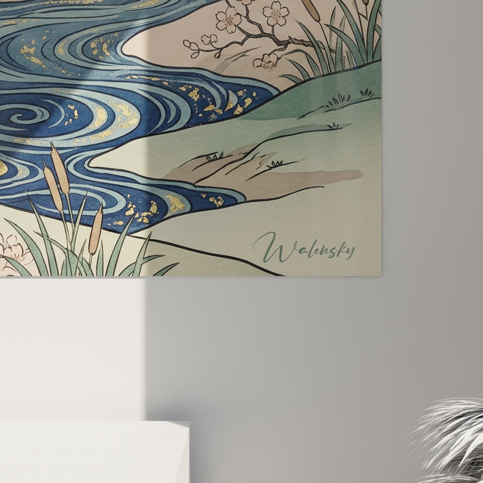 Vista d'insieme quadro Golden Retriever arte in stile giapponese con pino contorto e montagne nebbiose