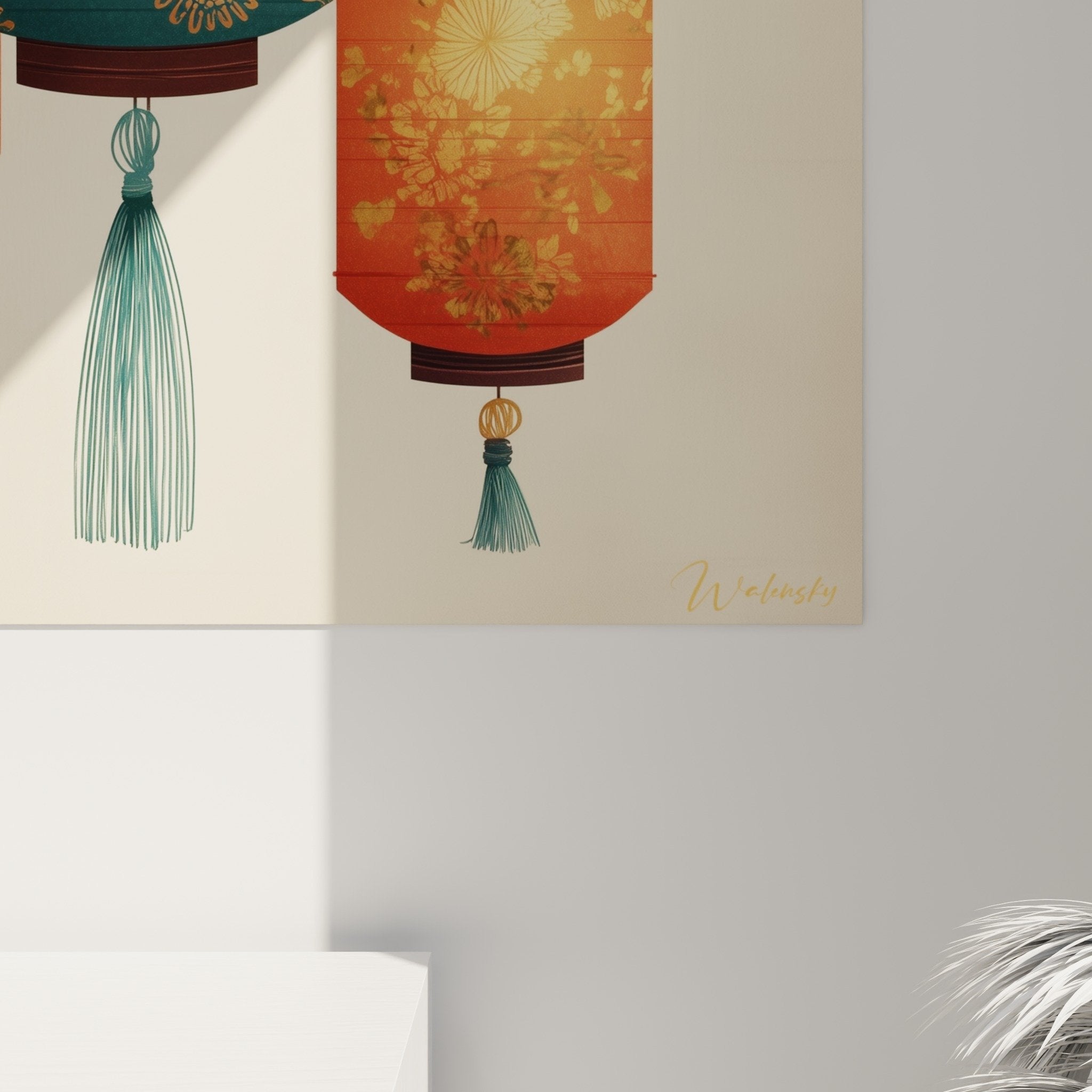 Colorful Chinese lanterns wall art overall view, harmonious turquoise orange composition, zen style