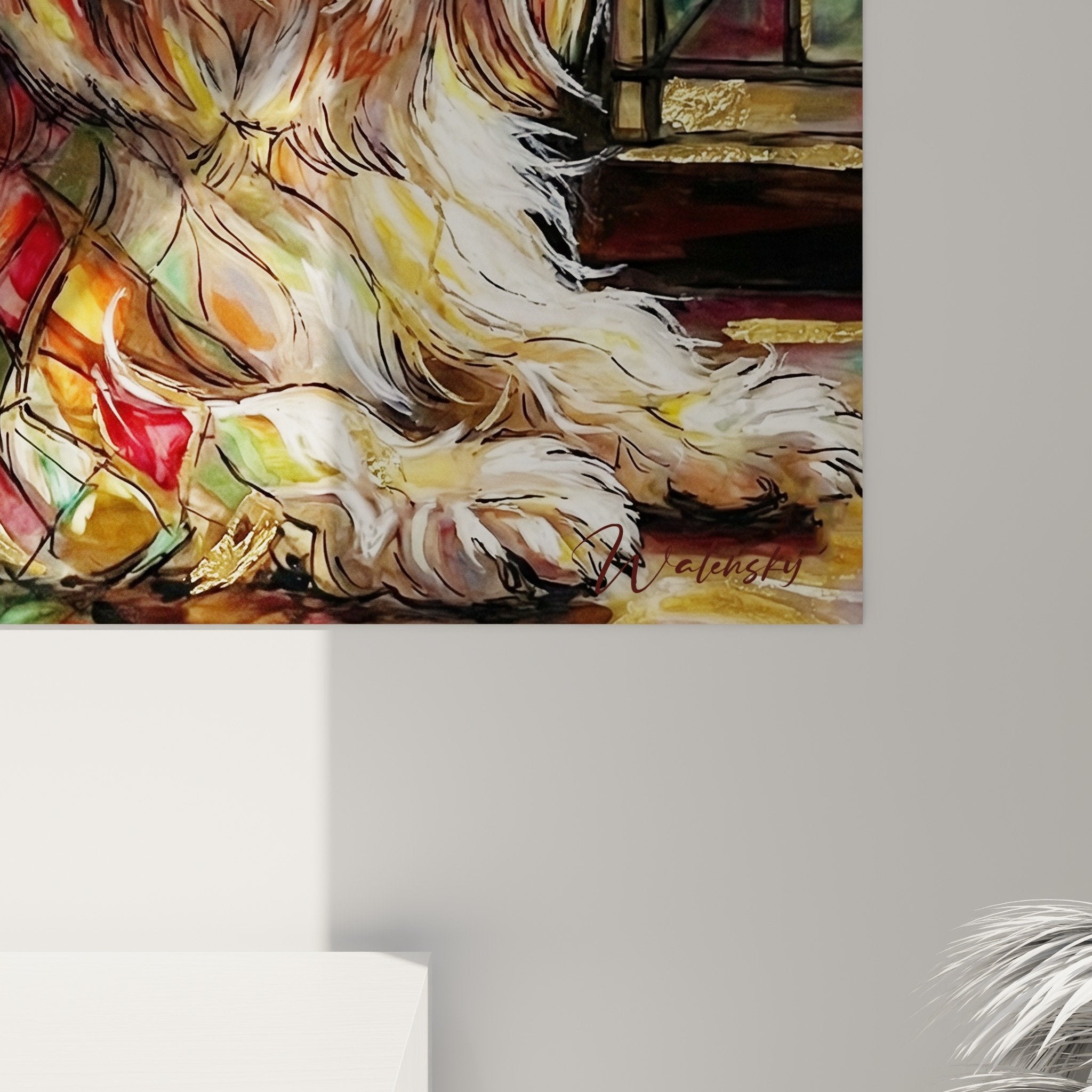 Vista d'insieme quadro lhassa apso vetrate colorate decorazione interni raffinata atmosfera intima artistica