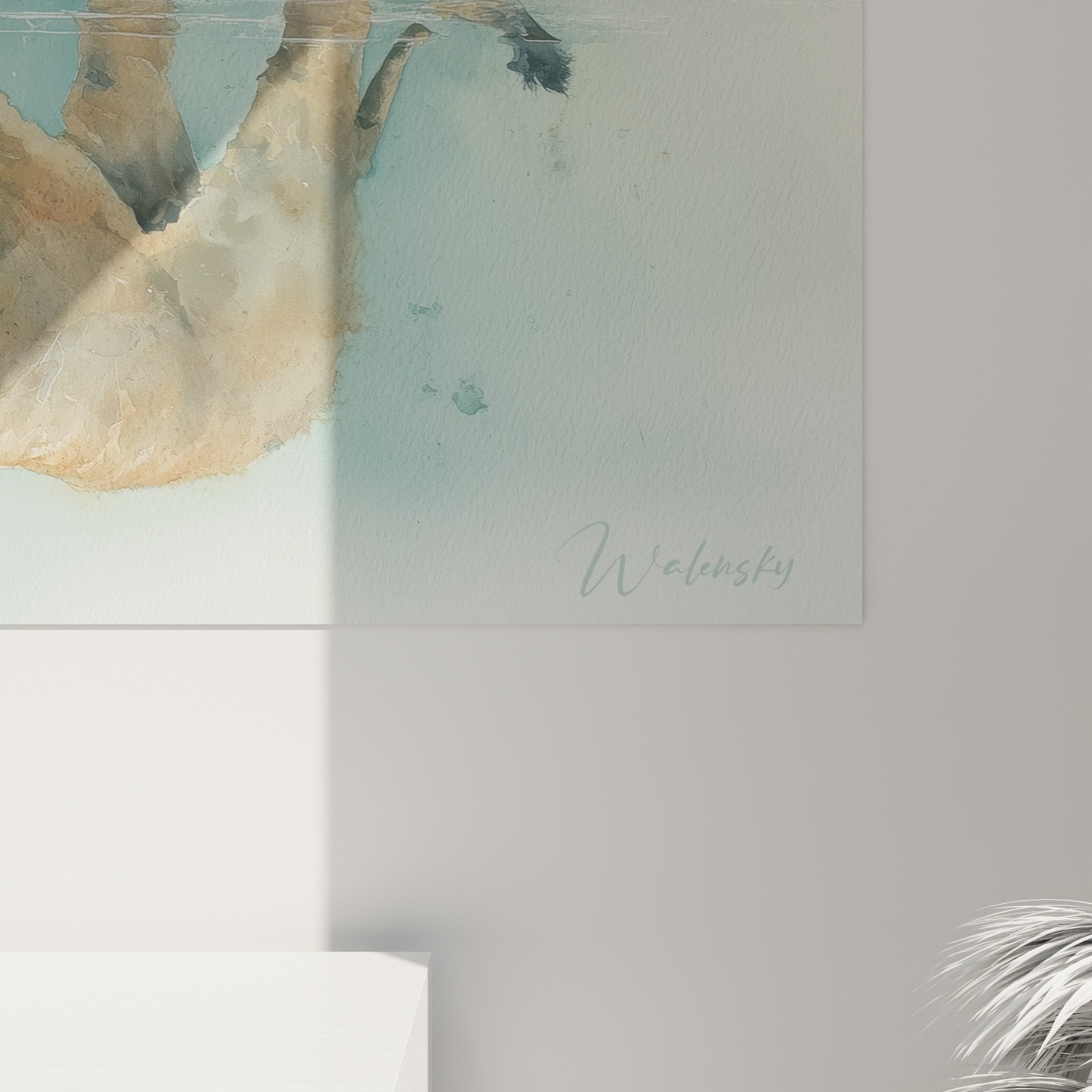 Vue ensemble tableau lion aquatique decoration interieure murale tons turquoise