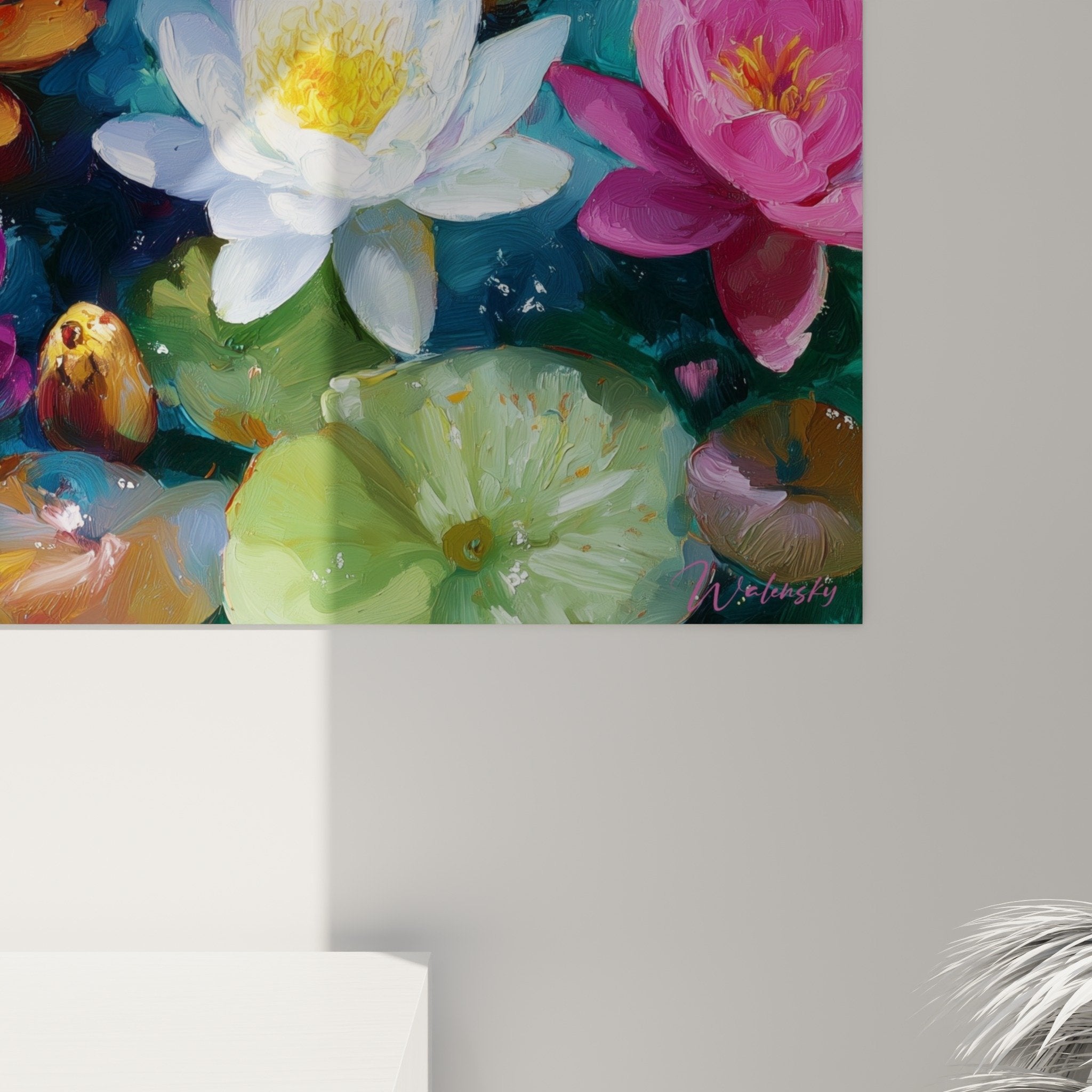 Vue ensemble tableau nénuphars multicolores décoration murale bassin fleuri ambiance zen nature intérieur