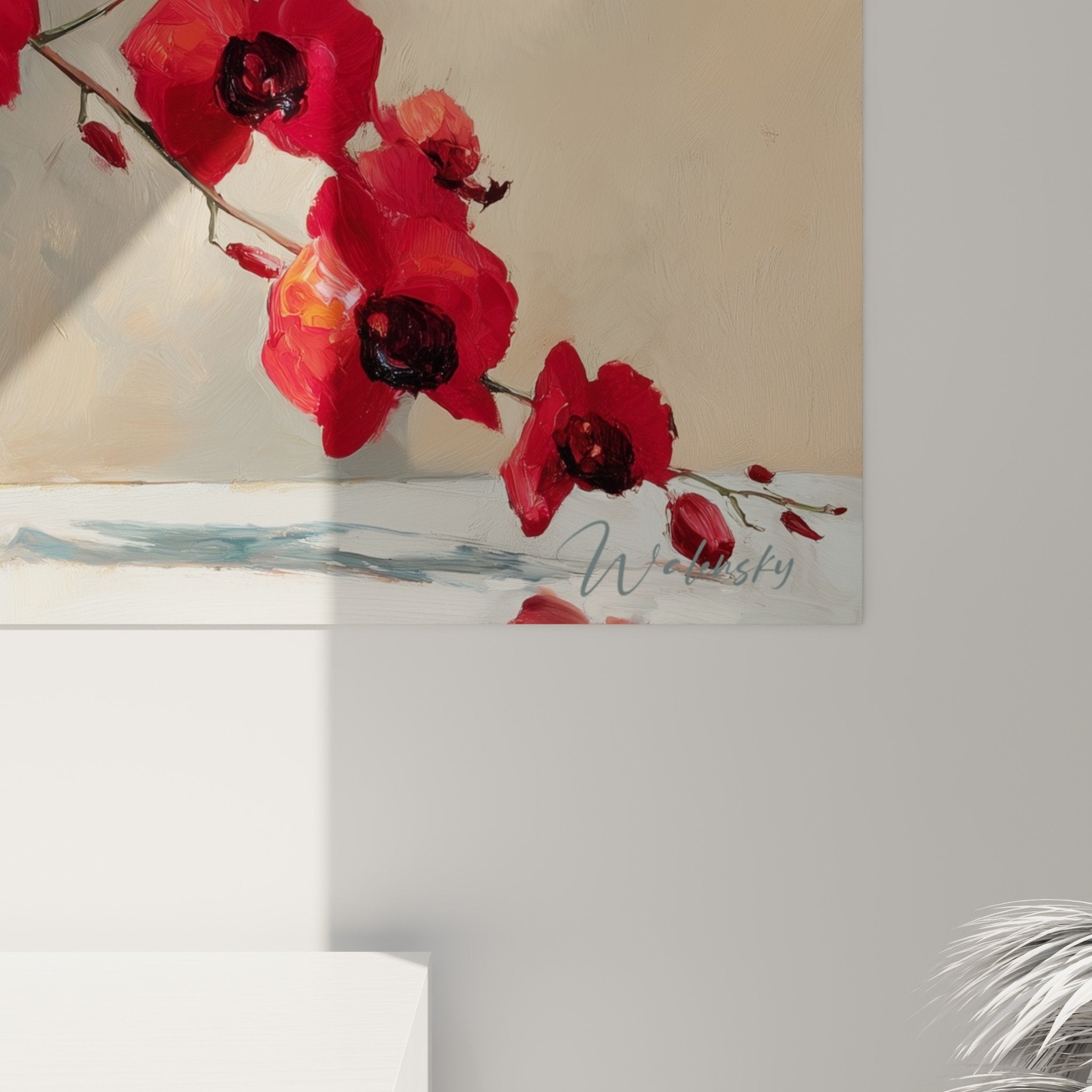 Red orchids painting with black bowl golden ambiance warm light Japanese art overview