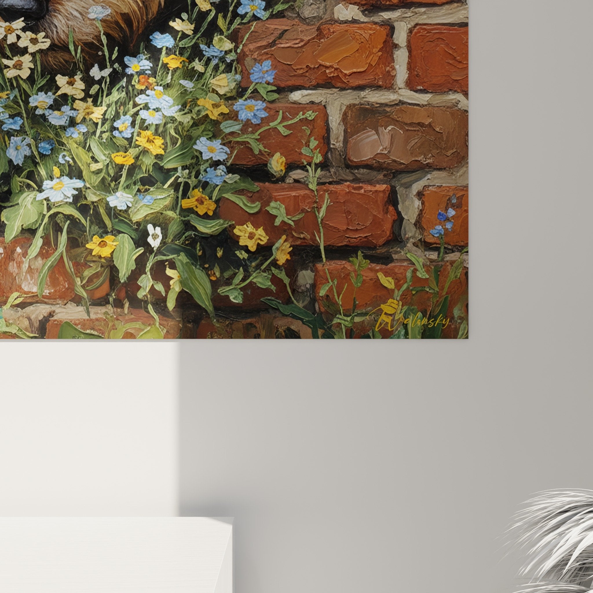 Gesamtansicht Wandbild Berger Picard wilder Garten Backsteinmauer Innendekoration rustikaler Landhausstil