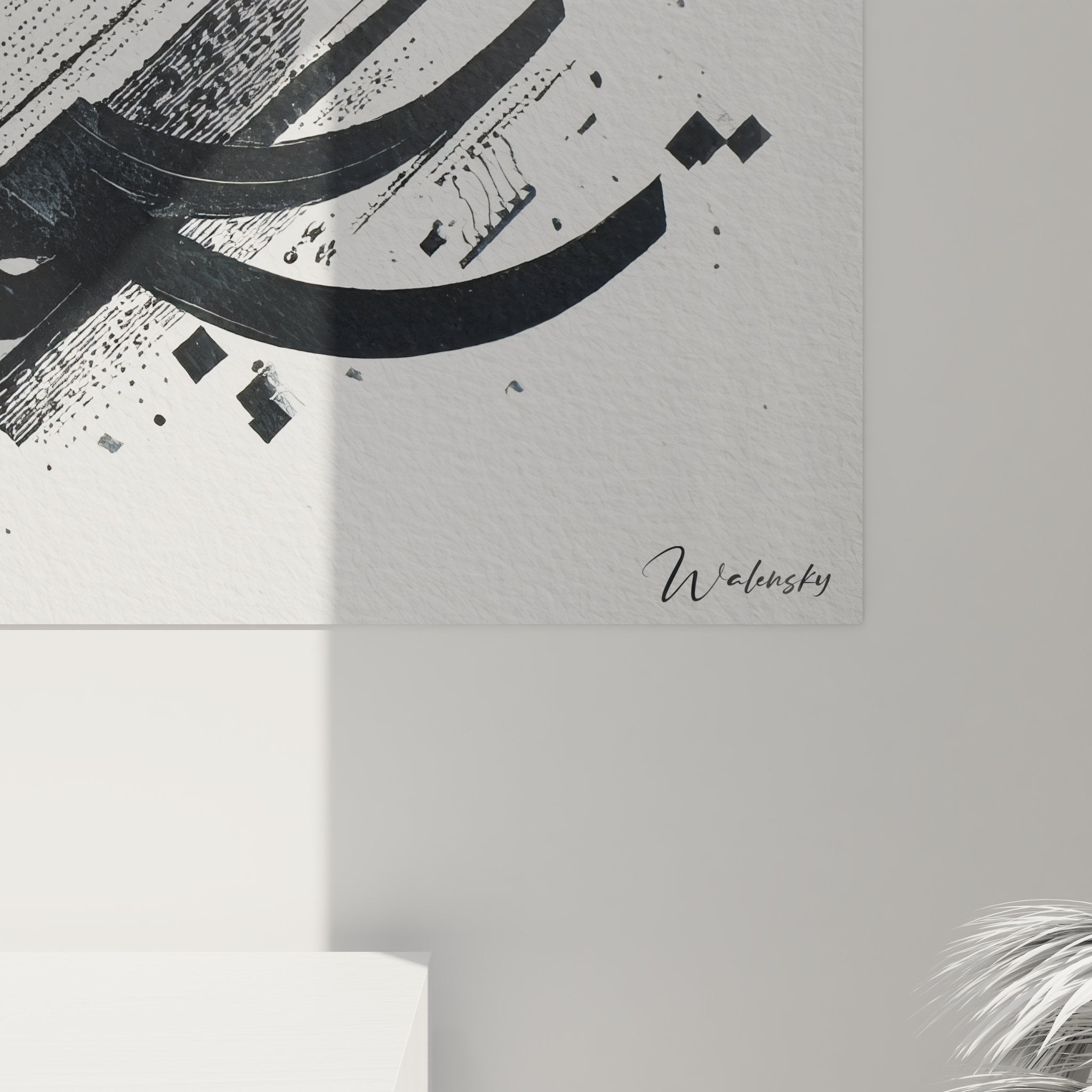 Vue ensemble tableau calligraphie abstraite contemporain noir blanc art mural décoratif moderne