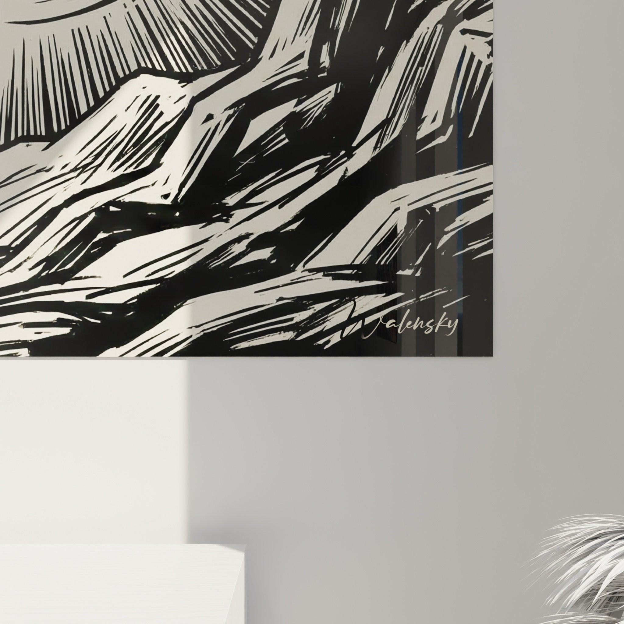 Vue ensemble tableau Cane Corso lune salon moderne decoration murale noir blanc contraste