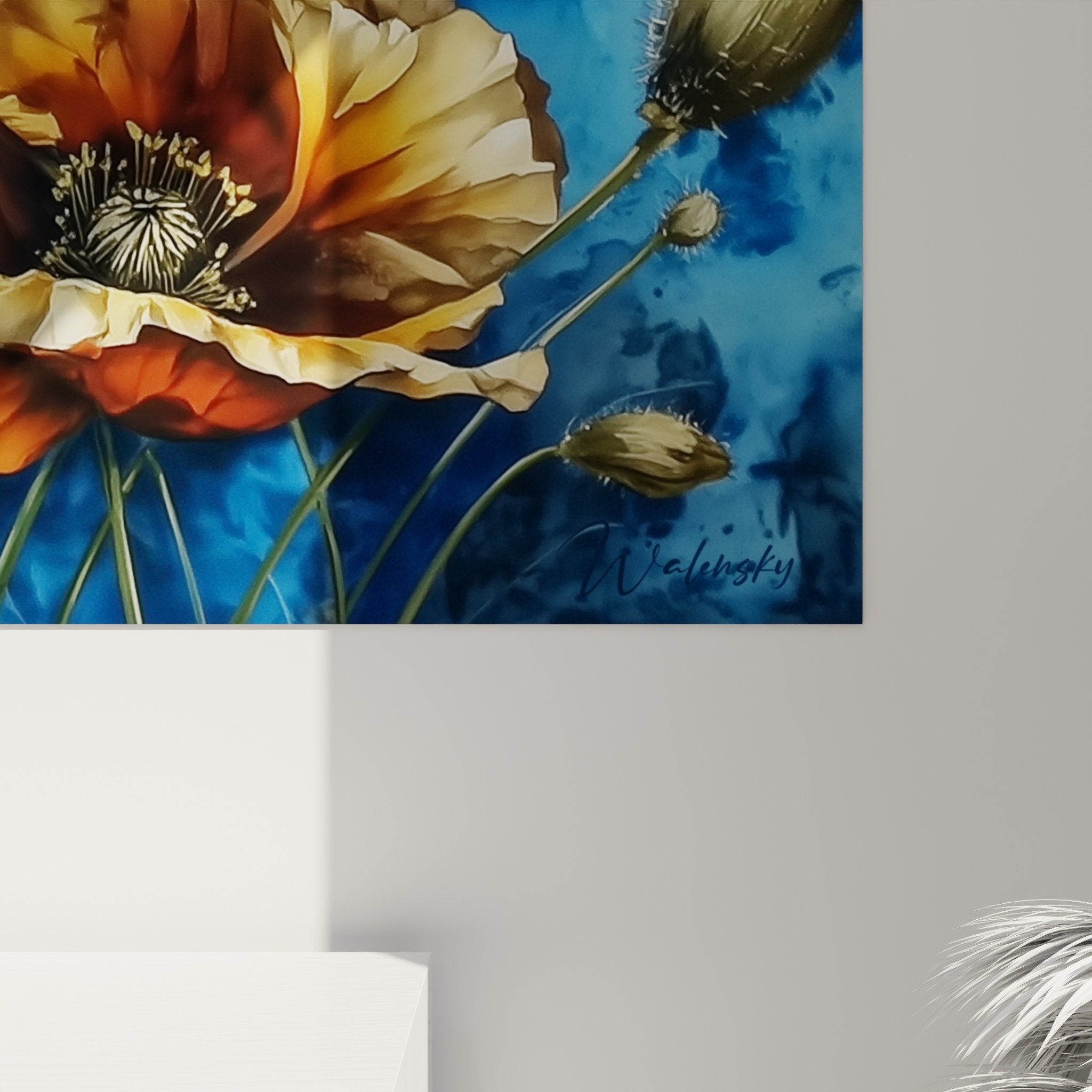 vue ensemble tableau coquelicots bleu orange composition florale decoration interieur