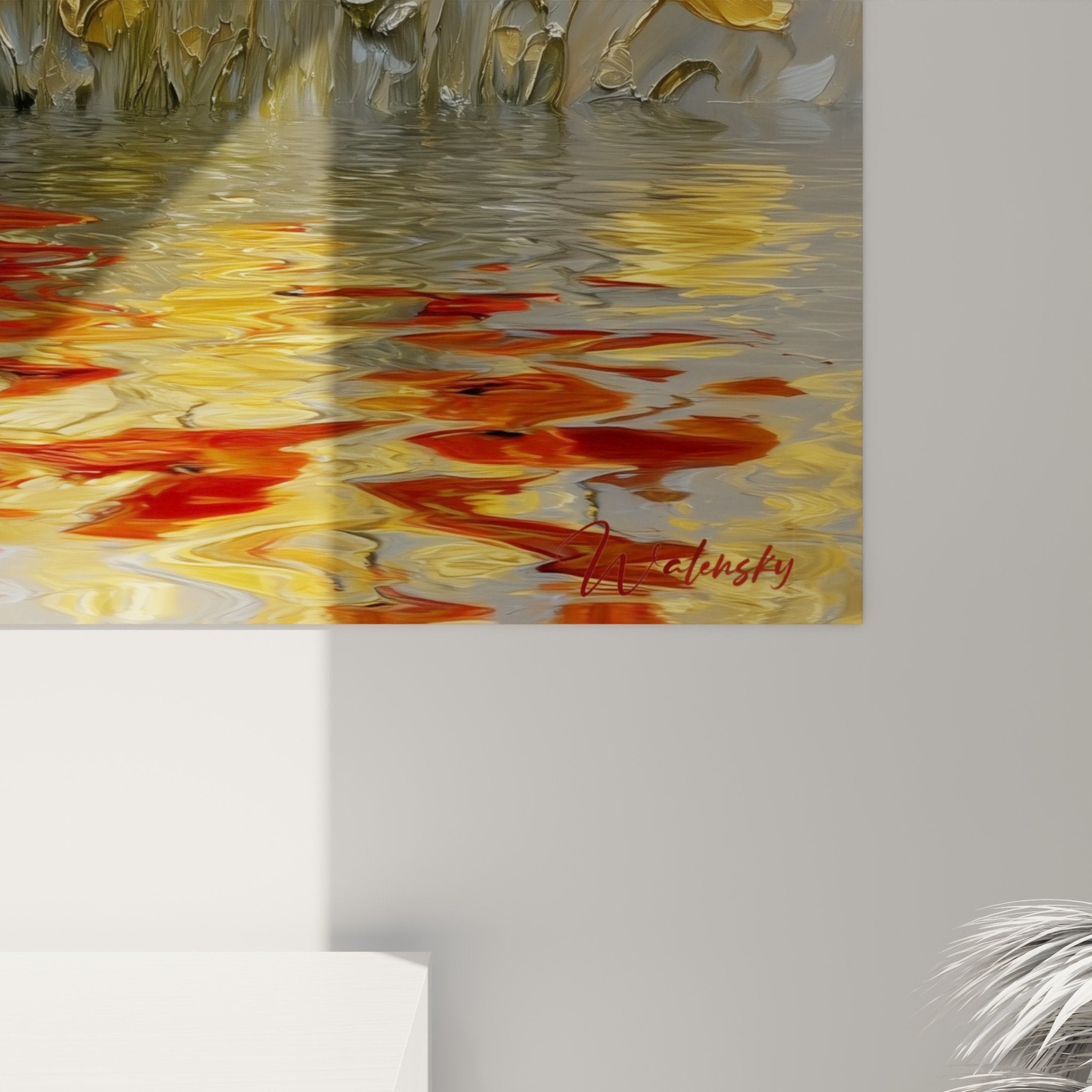 Vue ensemble tableau coquelicots eau reflets composition florale orange doree papillon blanc