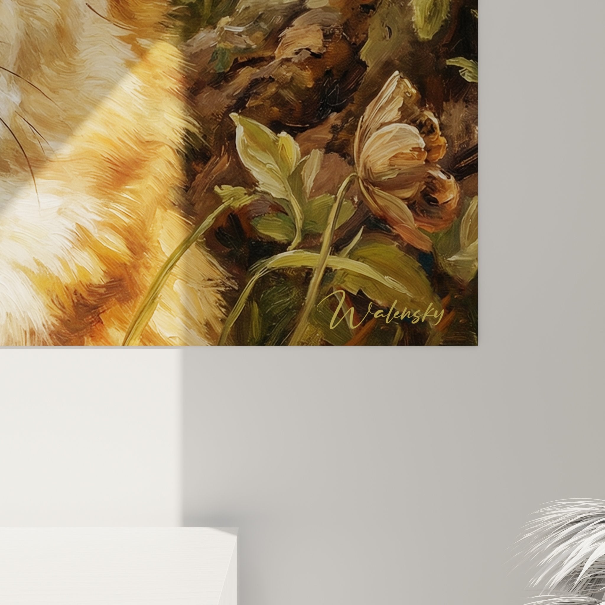 Vue ensemble tableau corgi prairie fleurs sauvages coquelicots decoration murale style bucolique