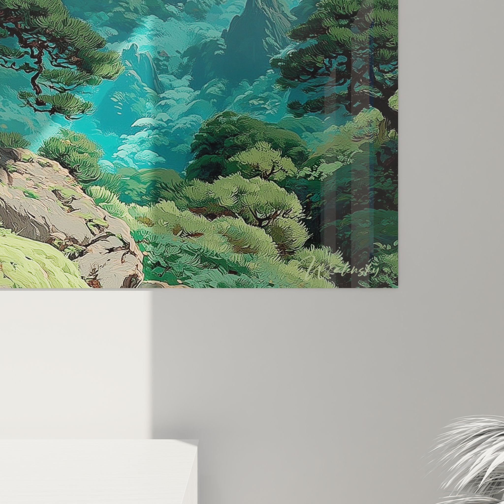 Vue ensemble tableau forêt montagne style asiatique décoration murale nature