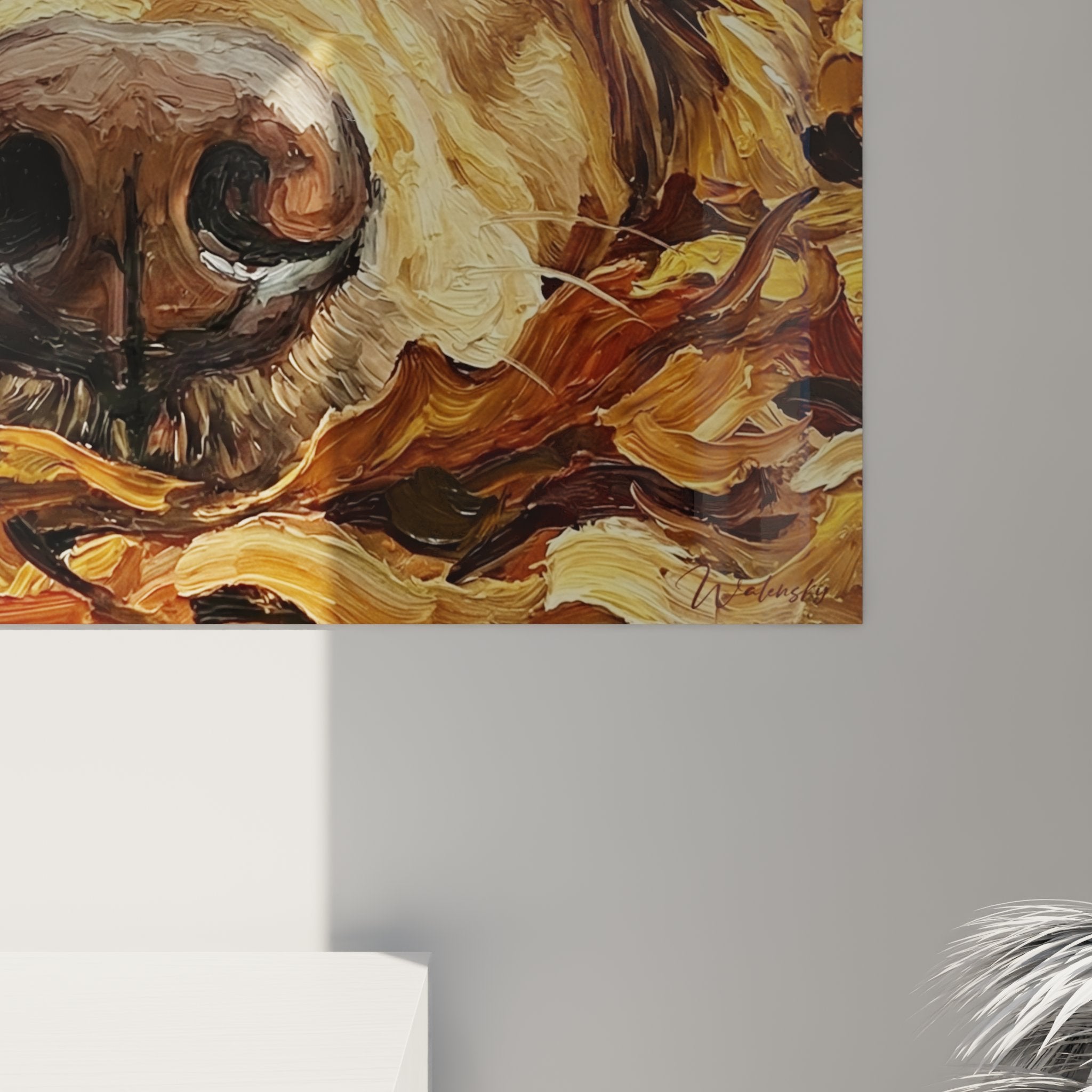 Vue ensemble tableau golden retriever feuilles automne décoration murale tons chauds