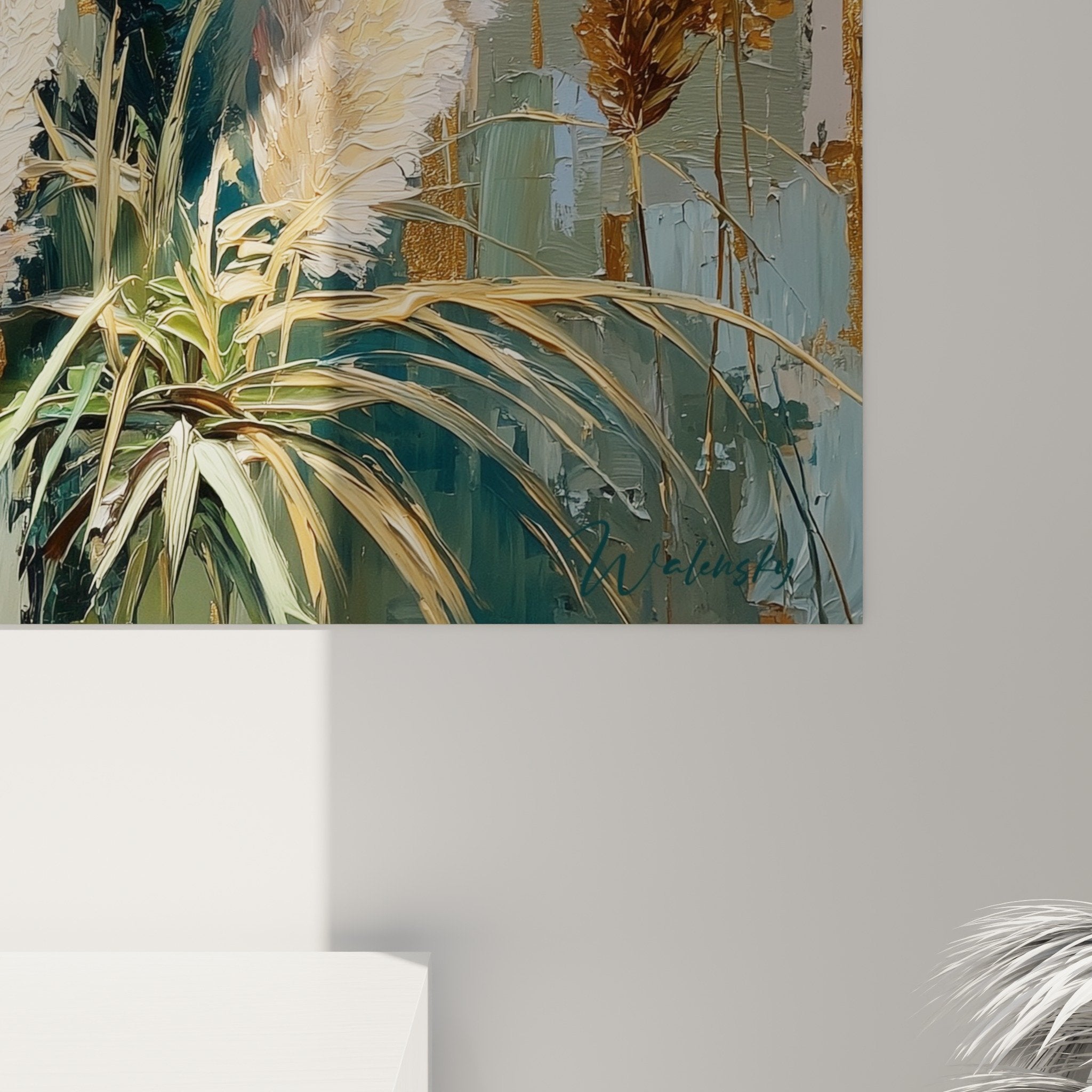Vue ensemble tableau graminées pampas dorées décoration murale style contemporain naturel