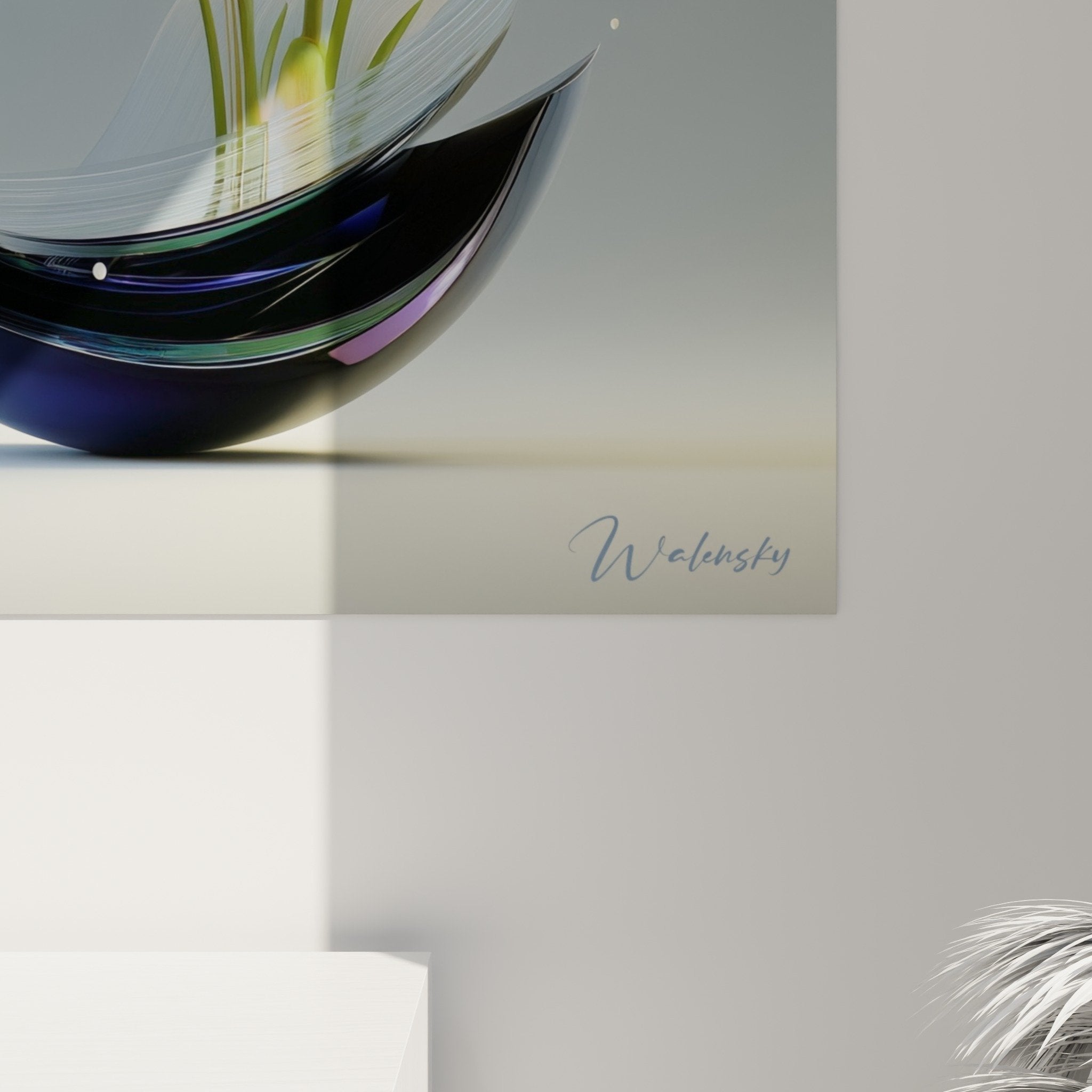 Ikebana flower arrangement white flowers black vase blue-grey background zen contemporary wall decoration