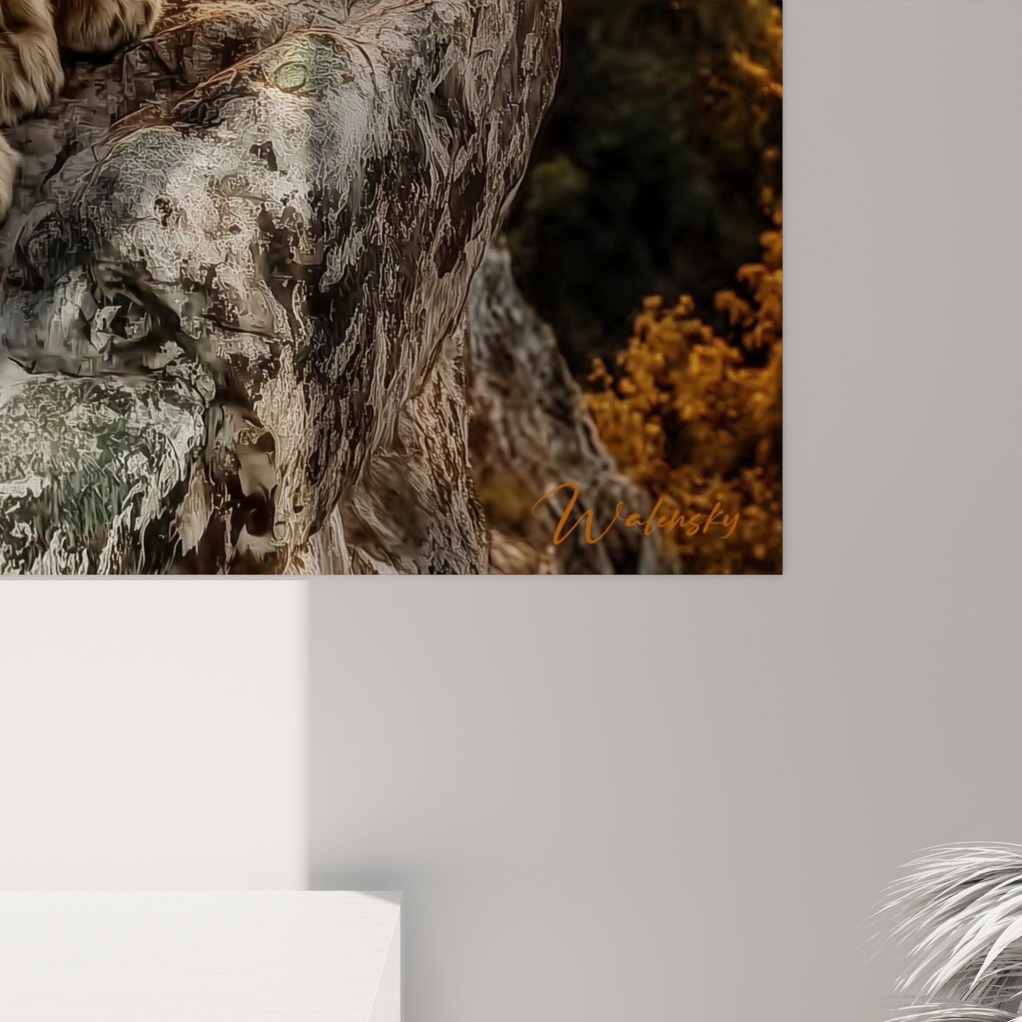 Full view lion painting living room wall decoration majestic warm tones natural atmosphere