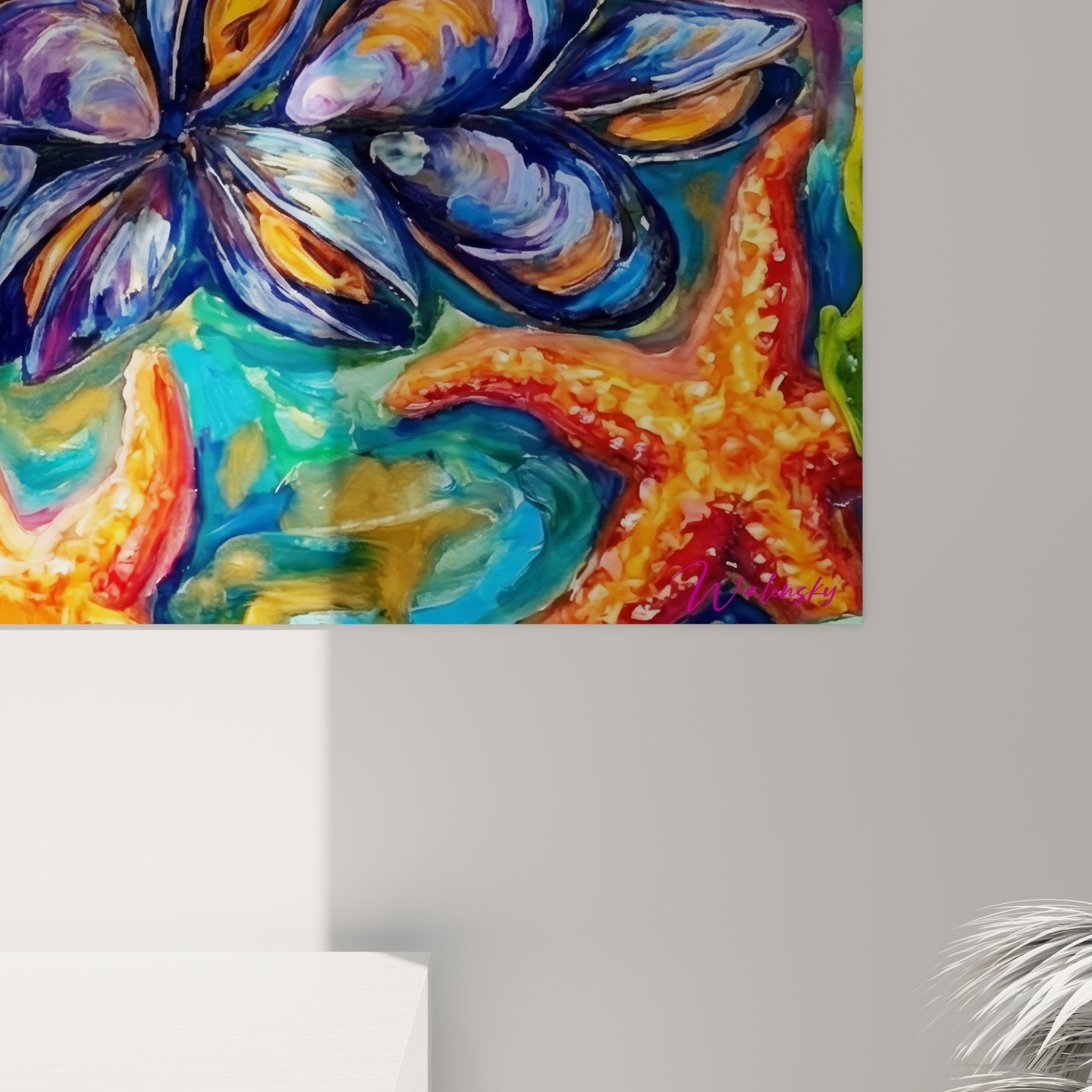 Vue ensemble tableau moules marine couleurs vives bleu turquoise orange rose decoration murale aquatique