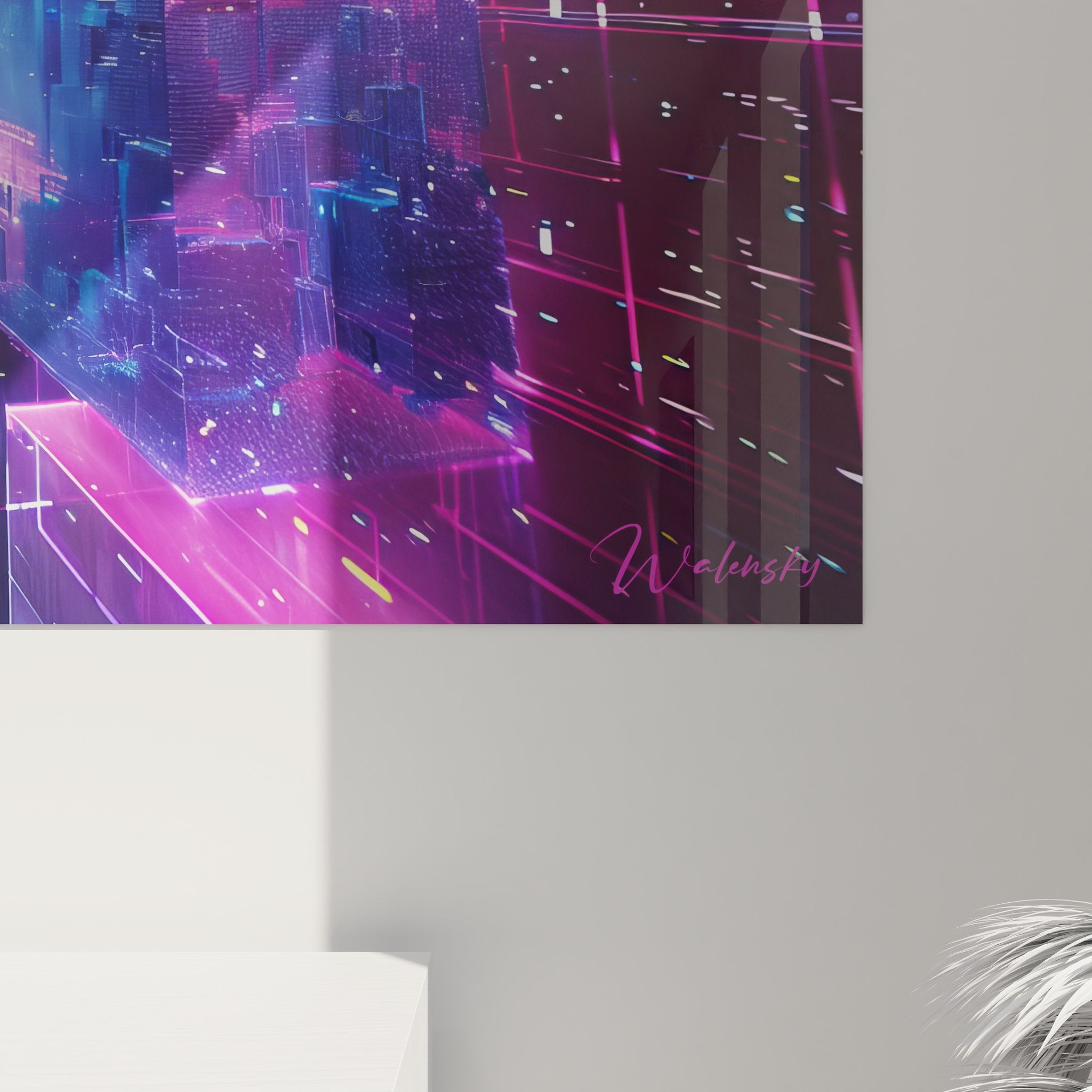 Vue ensemble tableau mural cyberpunk ville futuriste décoration moderne art contemporain néon